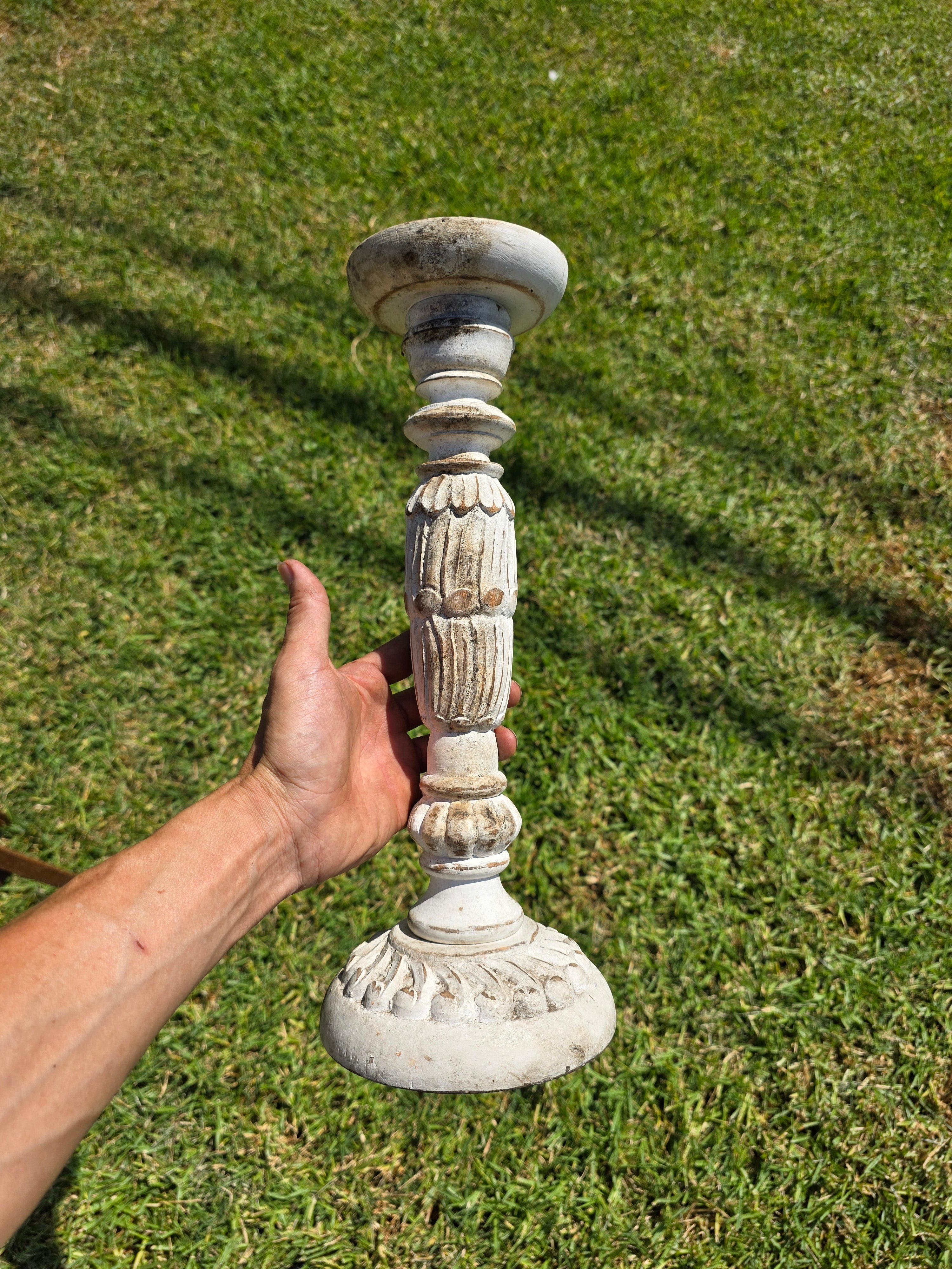 Vintage Shabby Chic White Wooden Pillar Candle Holder Large 15.5" Farmhouse Rise