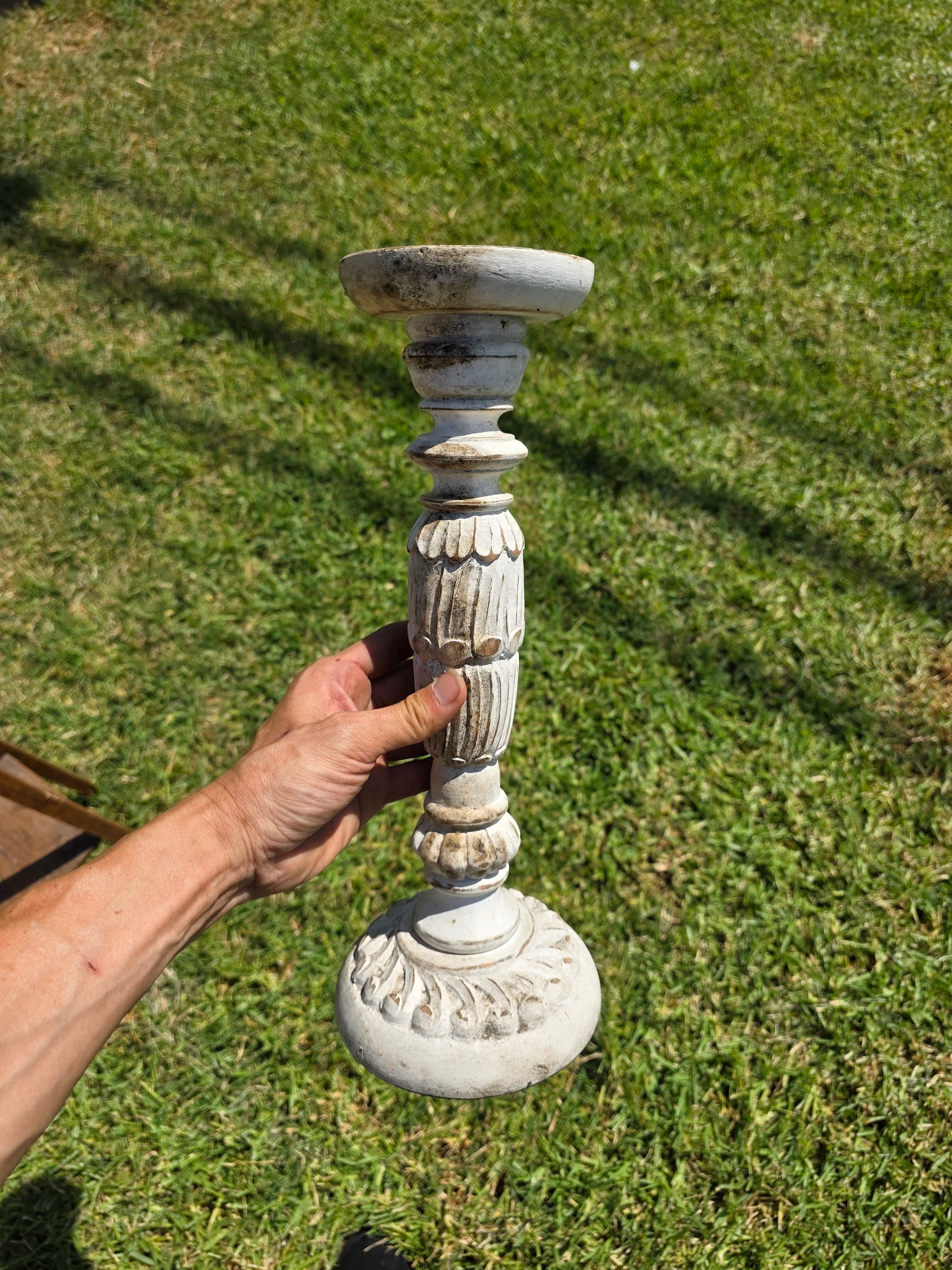Vintage Shabby Chic White Wooden Pillar Candle Holder Large 15.5" Farmhouse Rise