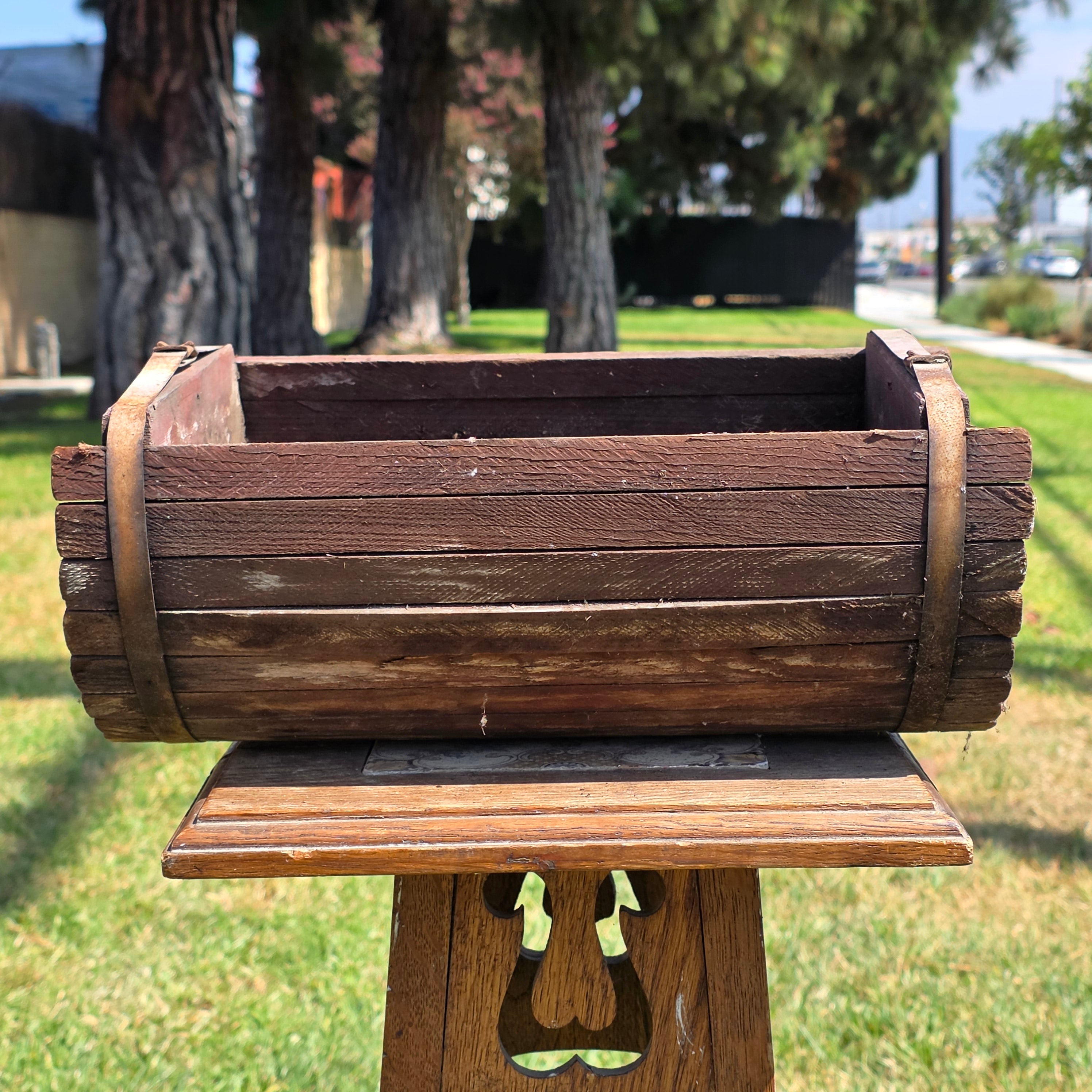 Vintage Half Barrel Planter Set 2 Wood Slat Rustic Garden Flower Pot Box Rusty