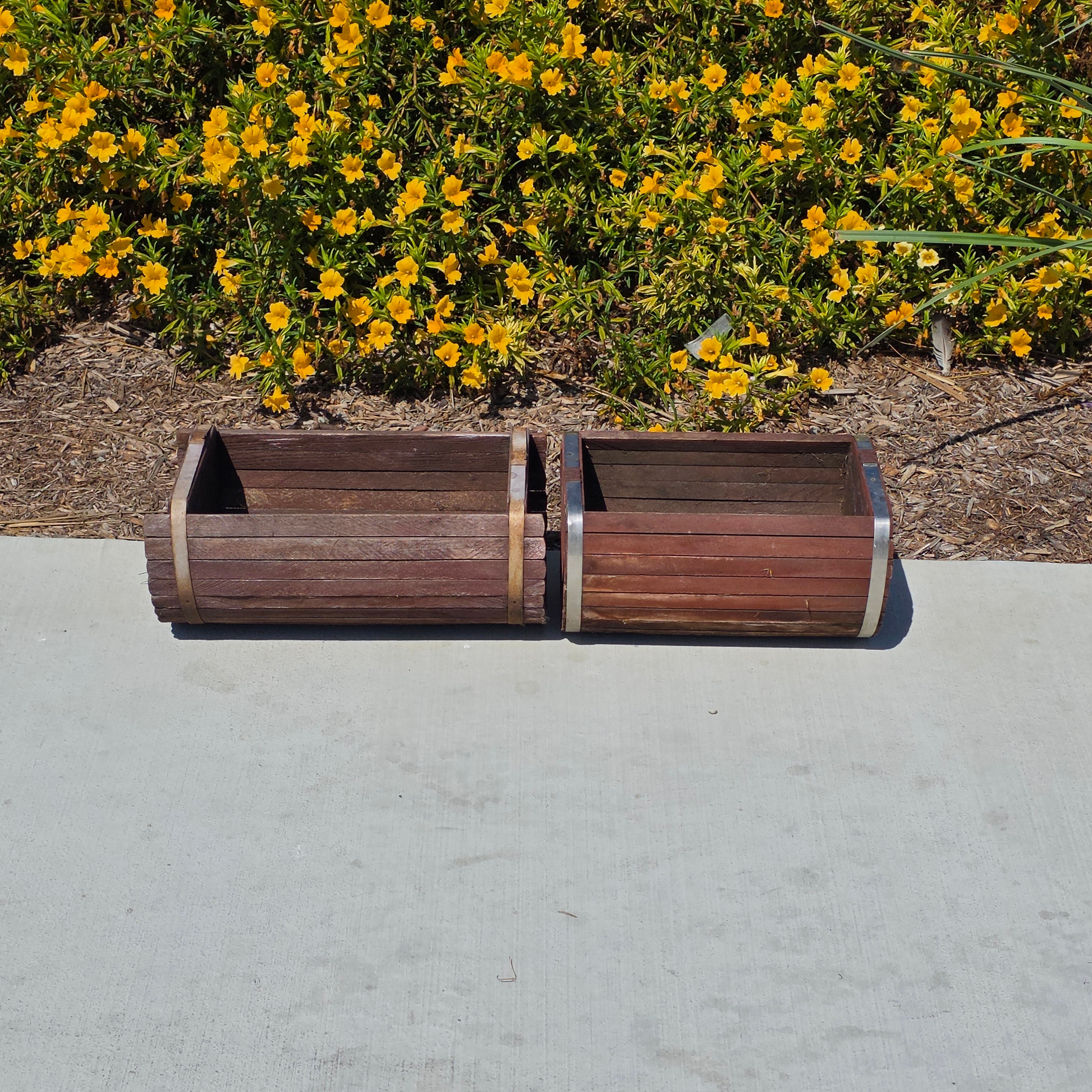 Vintage Half Barrel Planter Set 2 Wood Slat Rustic Garden Flower Pot Box Rusty