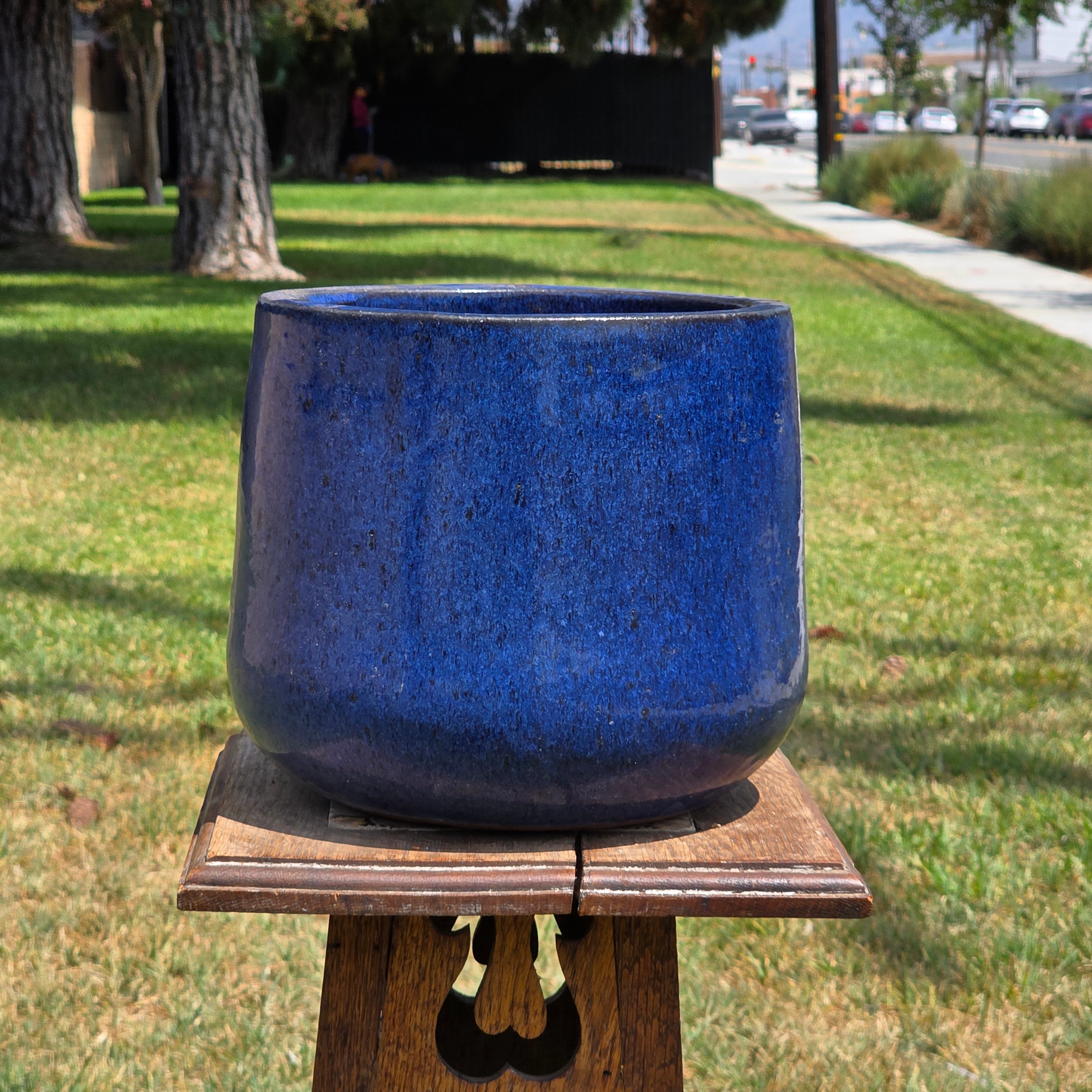 Vintage Mid Century Cobalt Blue Glazed Ceramic Planter Pot Round Large 10" MCM