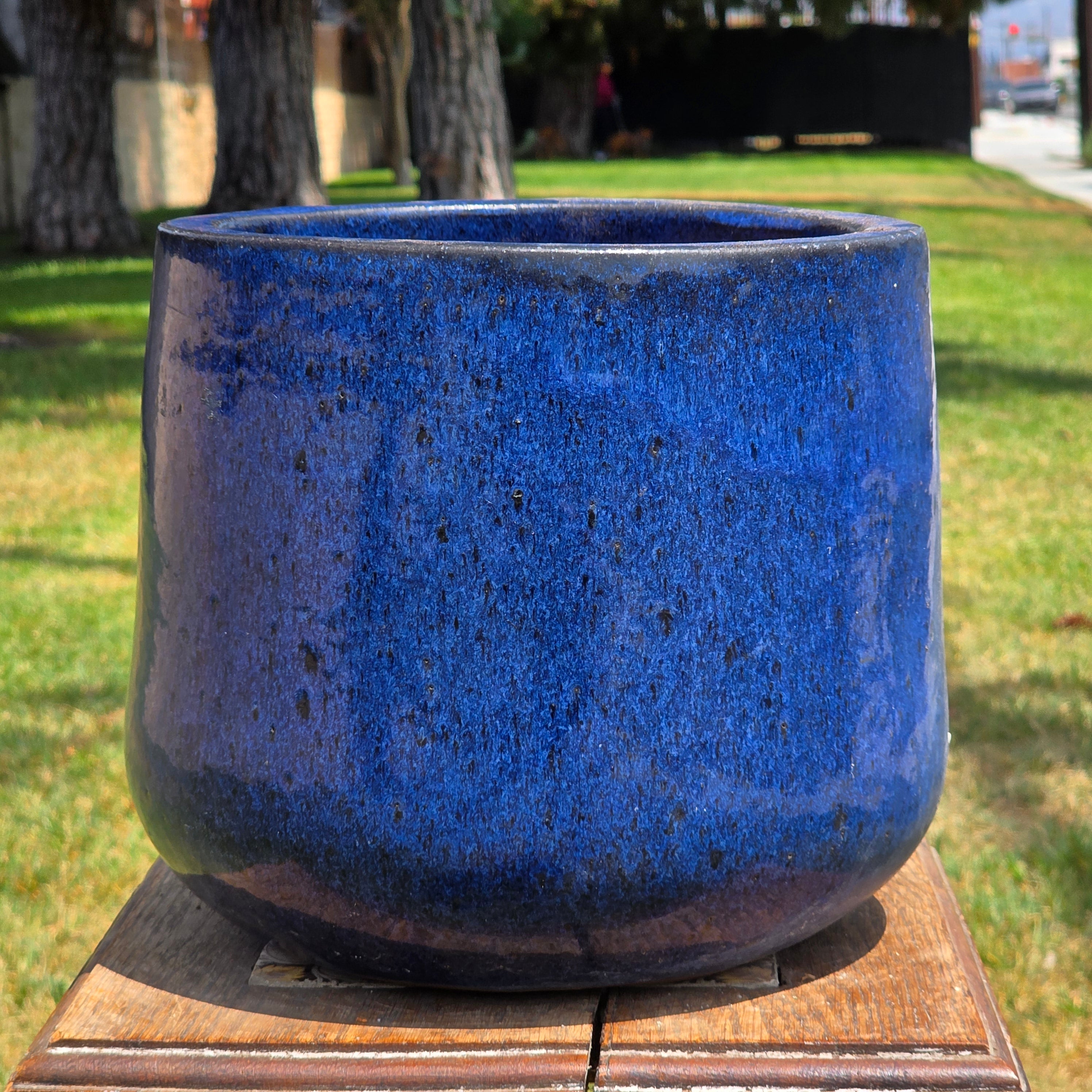 Vintage Mid Century Cobalt Blue Glazed Ceramic Planter Pot Round Large 10" MCM