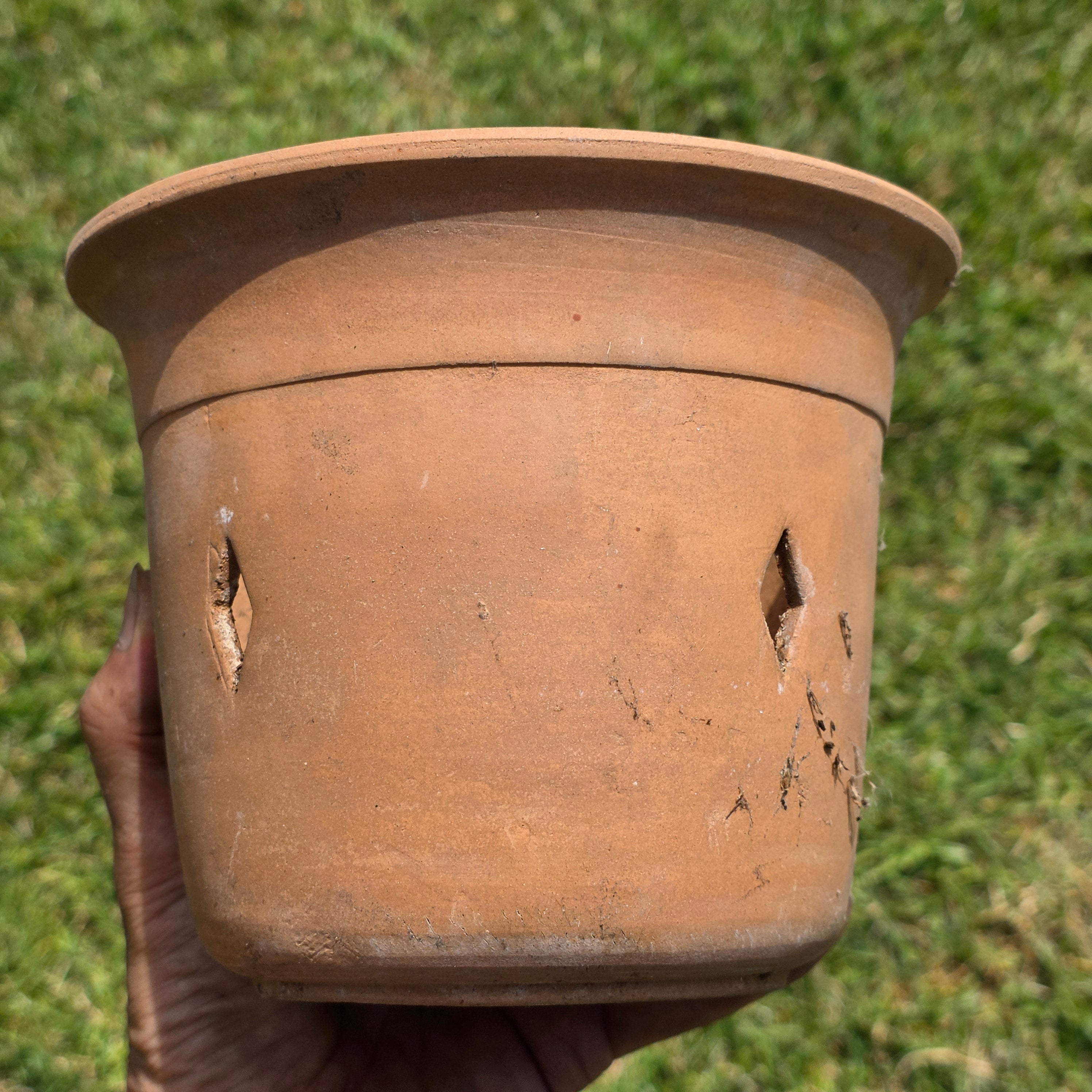 Vintage Terracotta Orchid Pot Clay Planter Diamond Cutouts Holes Garden 7"x5.5"