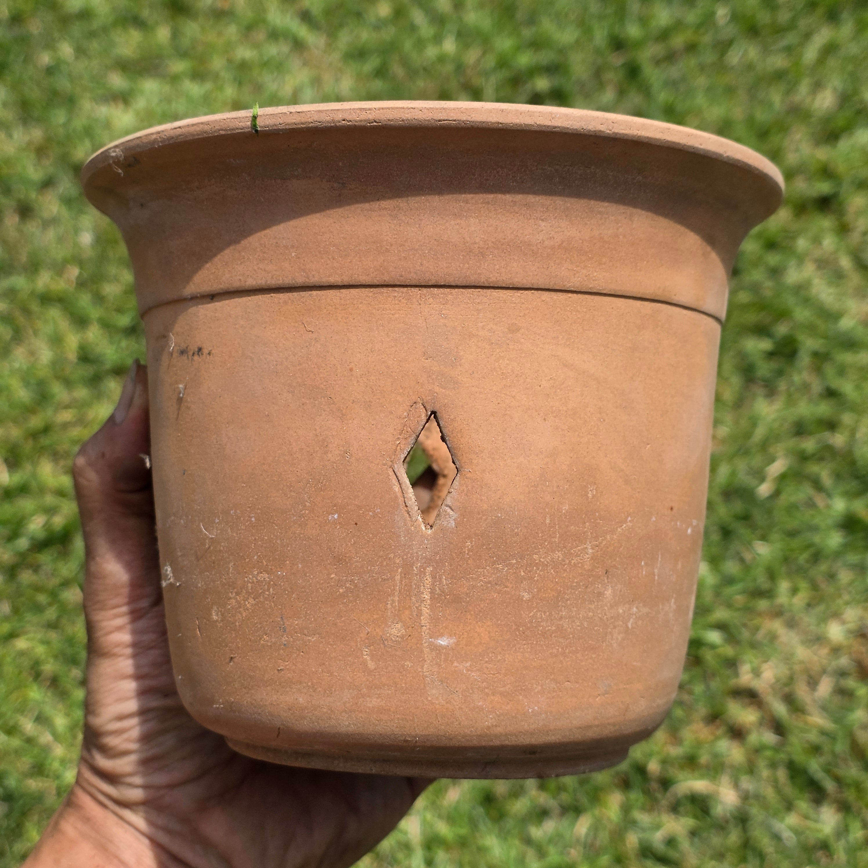 Vintage Terracotta Orchid Pot Clay Planter Diamond Cutouts Holes Garden 7"x5.5"