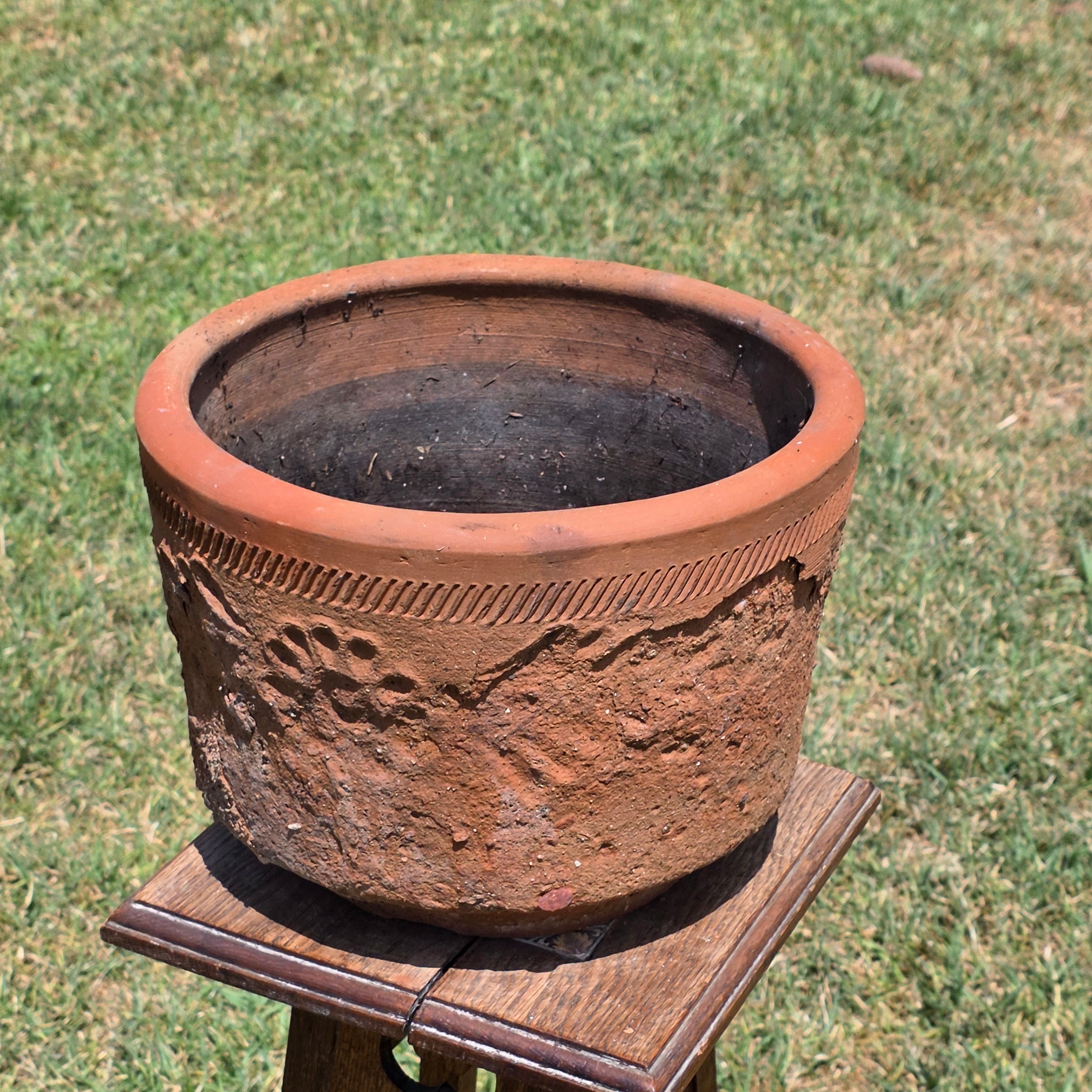 Share Vintage Large Terracotta Planter Pot Rustic Weathered Clay Carved Flower 12.5"