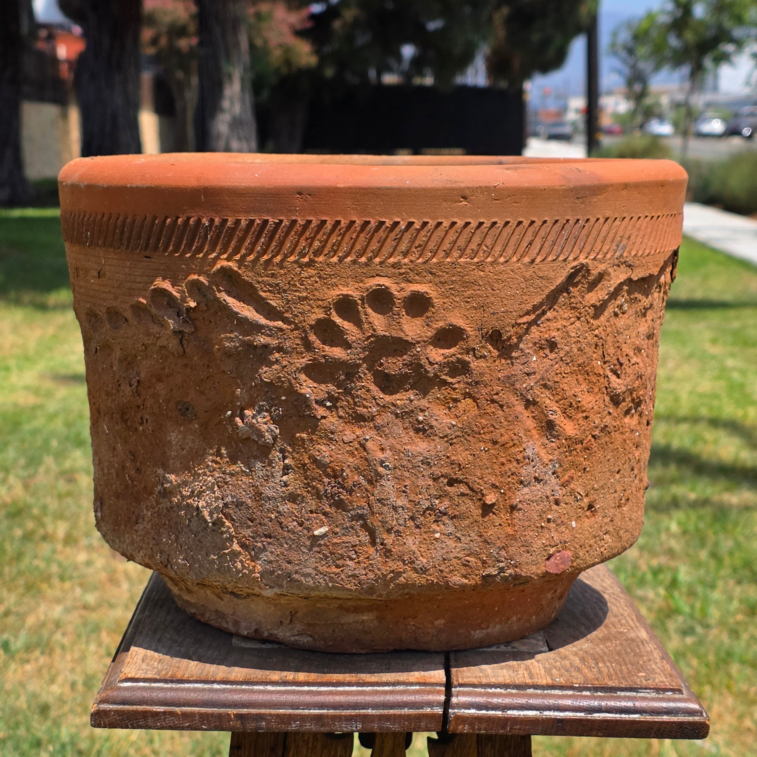 Share Vintage Large Terracotta Planter Pot Rustic Weathered Clay Carved Flower 12.5"