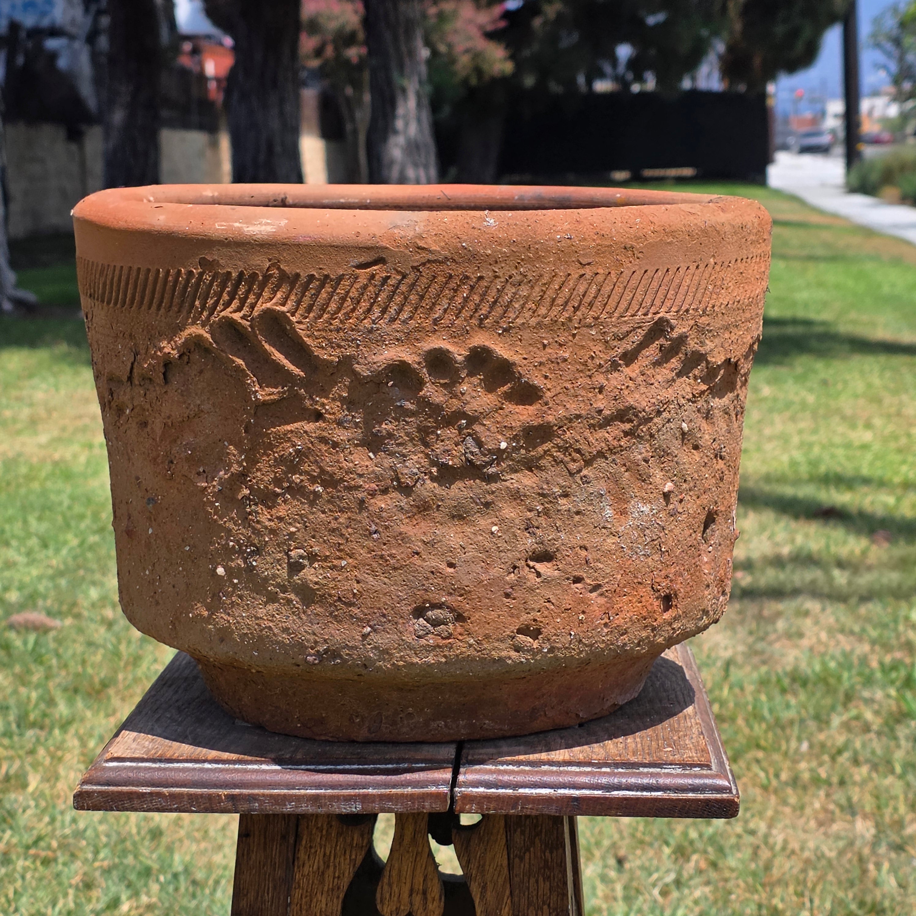Share Vintage Large Terracotta Planter Pot Rustic Weathered Clay Carved Flower 12.5"