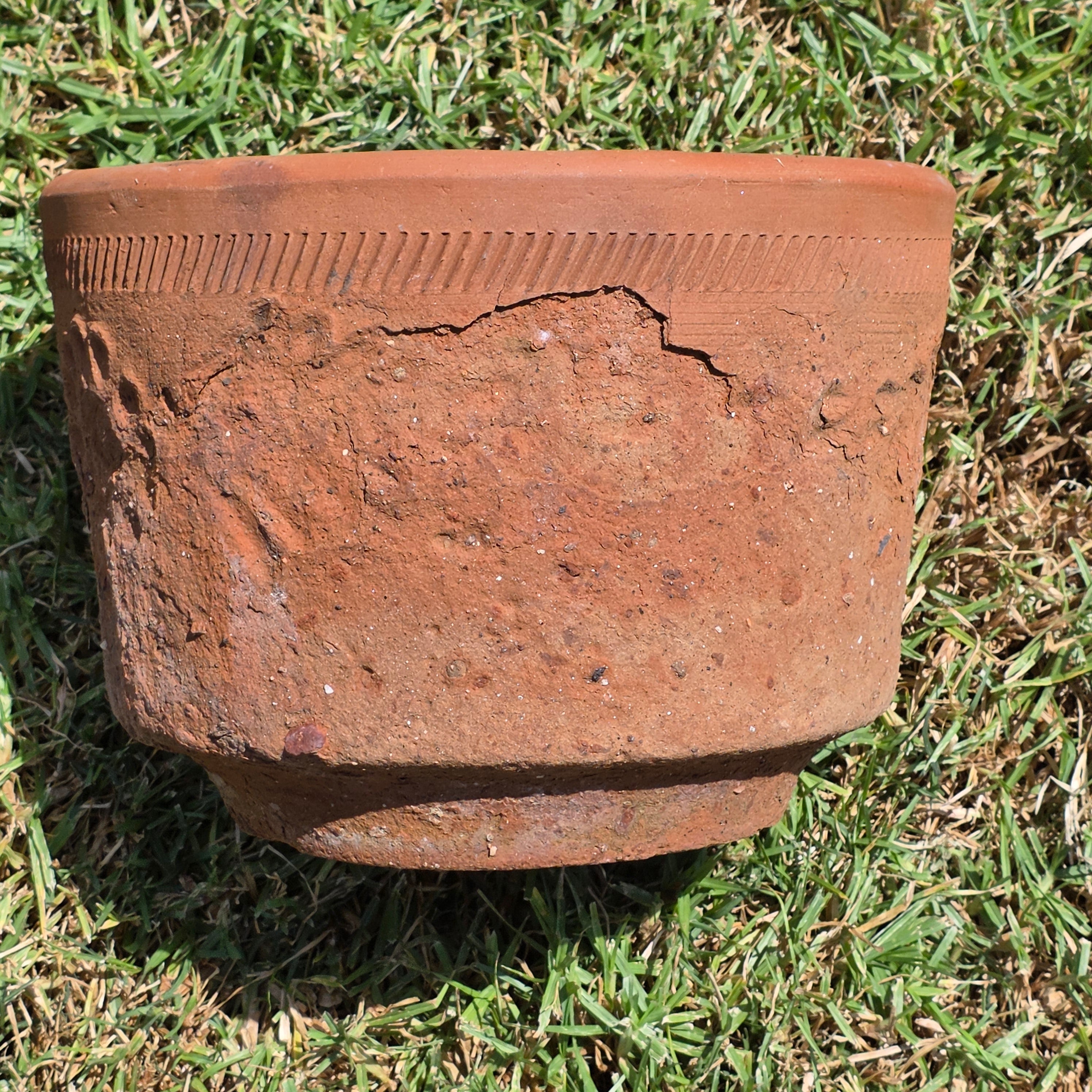 Share Vintage Large Terracotta Planter Pot Rustic Weathered Clay Carved Flower 12.5"