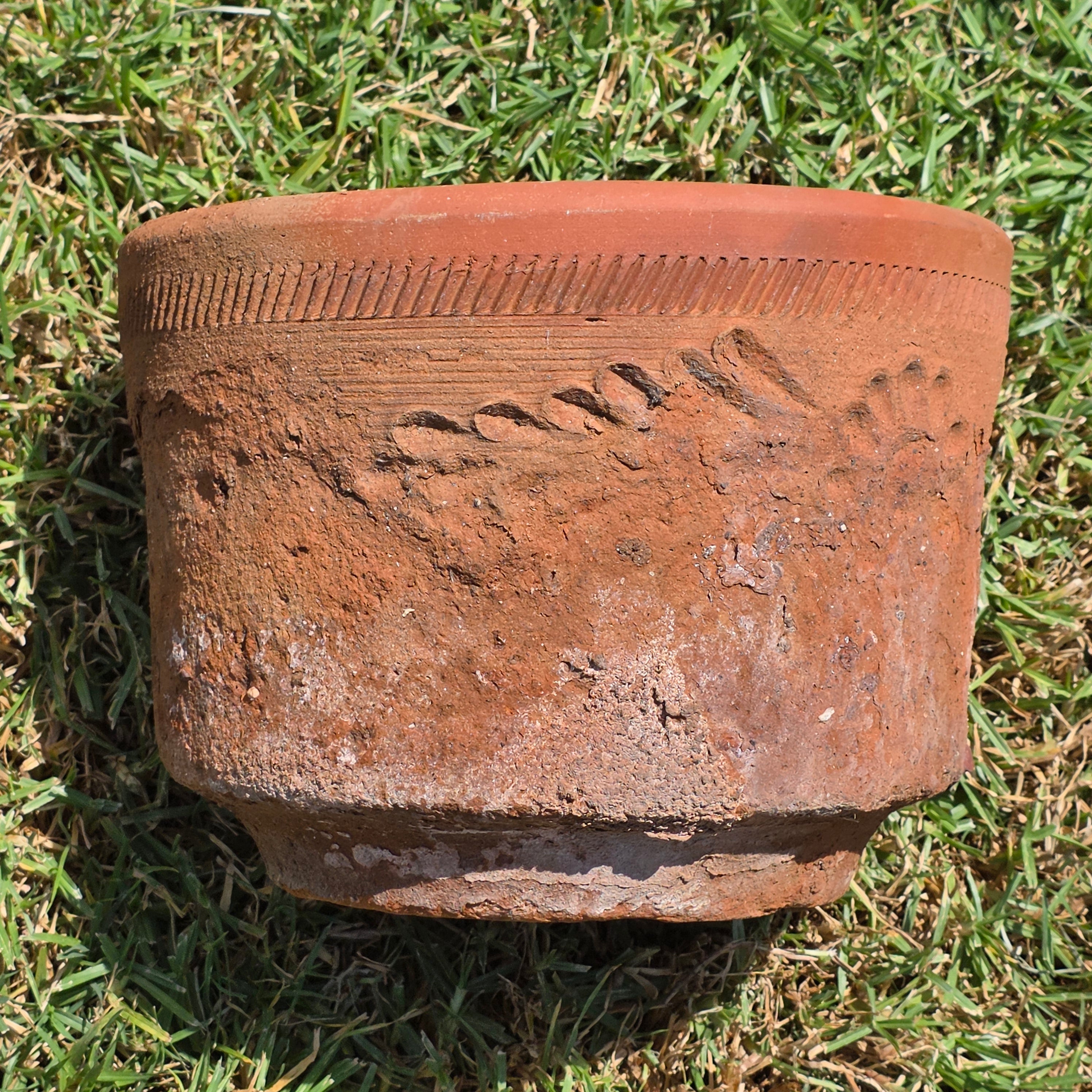 Share Vintage Large Terracotta Planter Pot Rustic Weathered Clay Carved Flower 12.5"