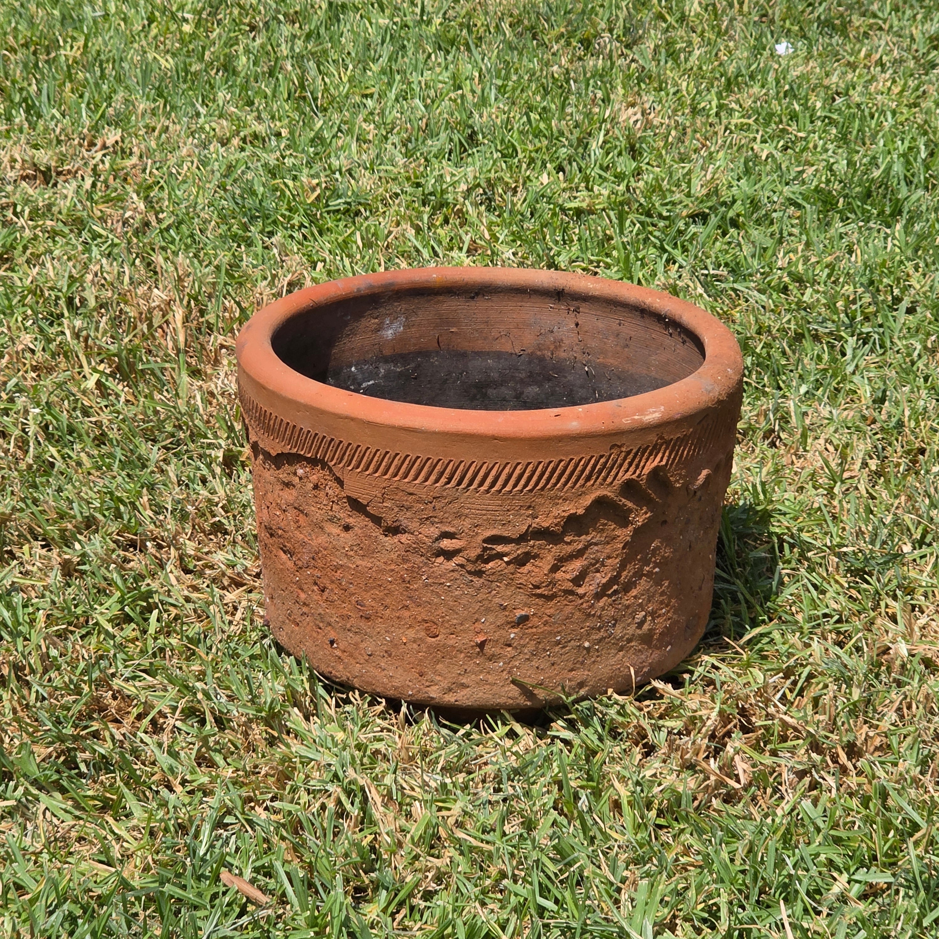 Share Vintage Large Terracotta Planter Pot Rustic Weathered Clay Carved Flower 12.5"