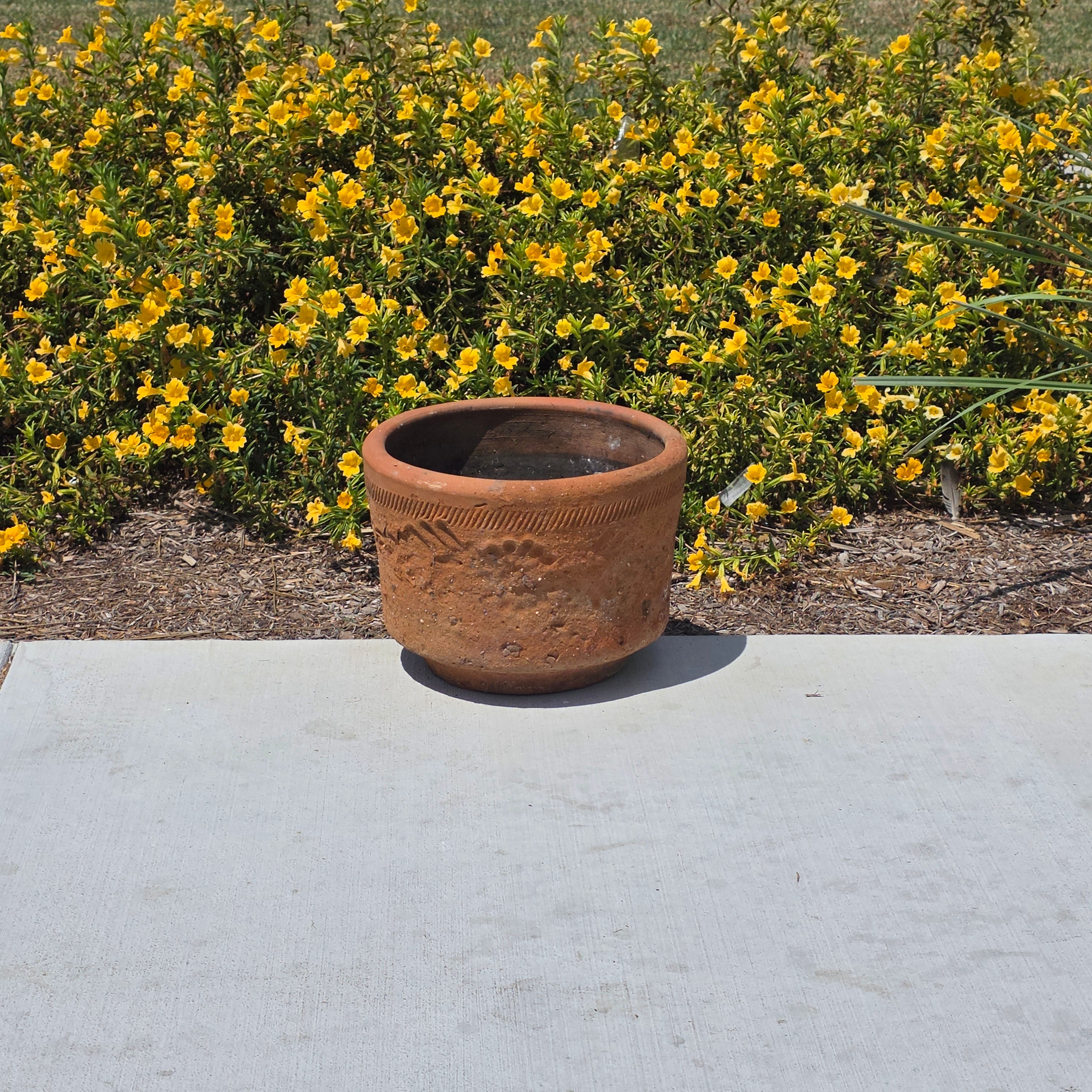 Share Vintage Large Terracotta Planter Pot Rustic Weathered Clay Carved Flower 12.5"