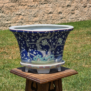 Share Chinese Vintage Blue White Fluted Oval Bonsai Planter Pot Saucer Prunus