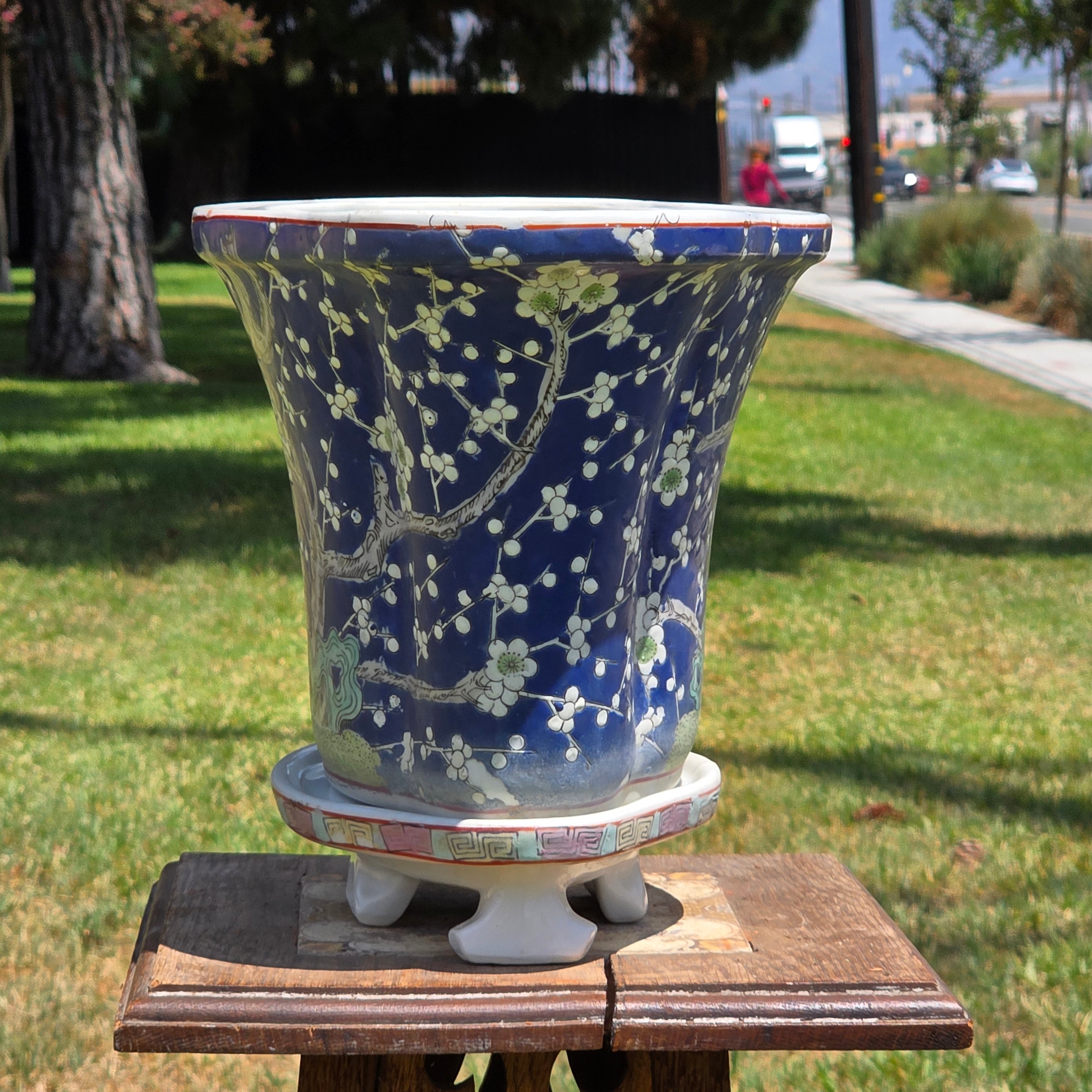 Share Chinese Vintage Blue White Fluted Oval Bonsai Planter Pot Saucer Prunus