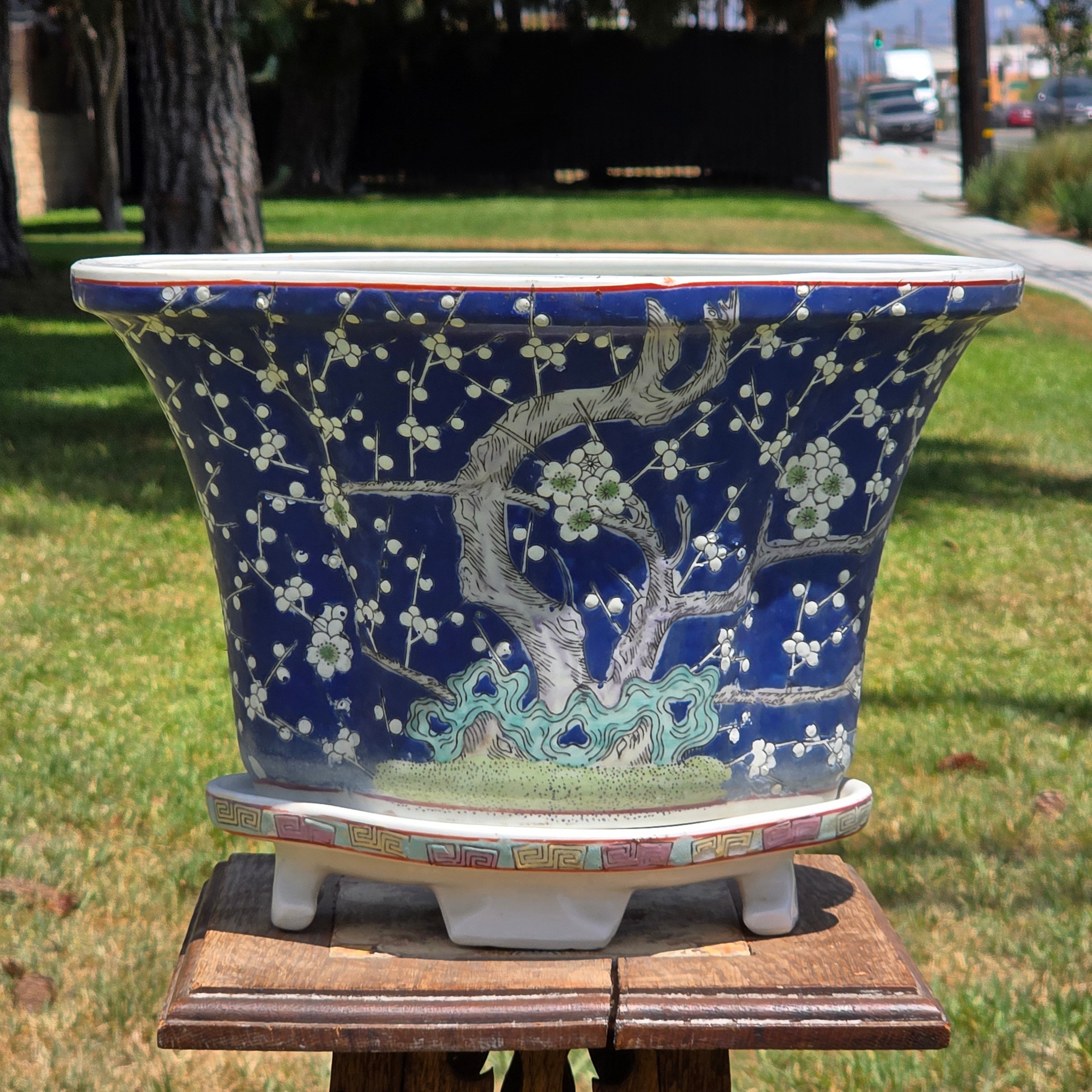 Share Chinese Vintage Blue White Fluted Oval Bonsai Planter Pot Saucer Prunus