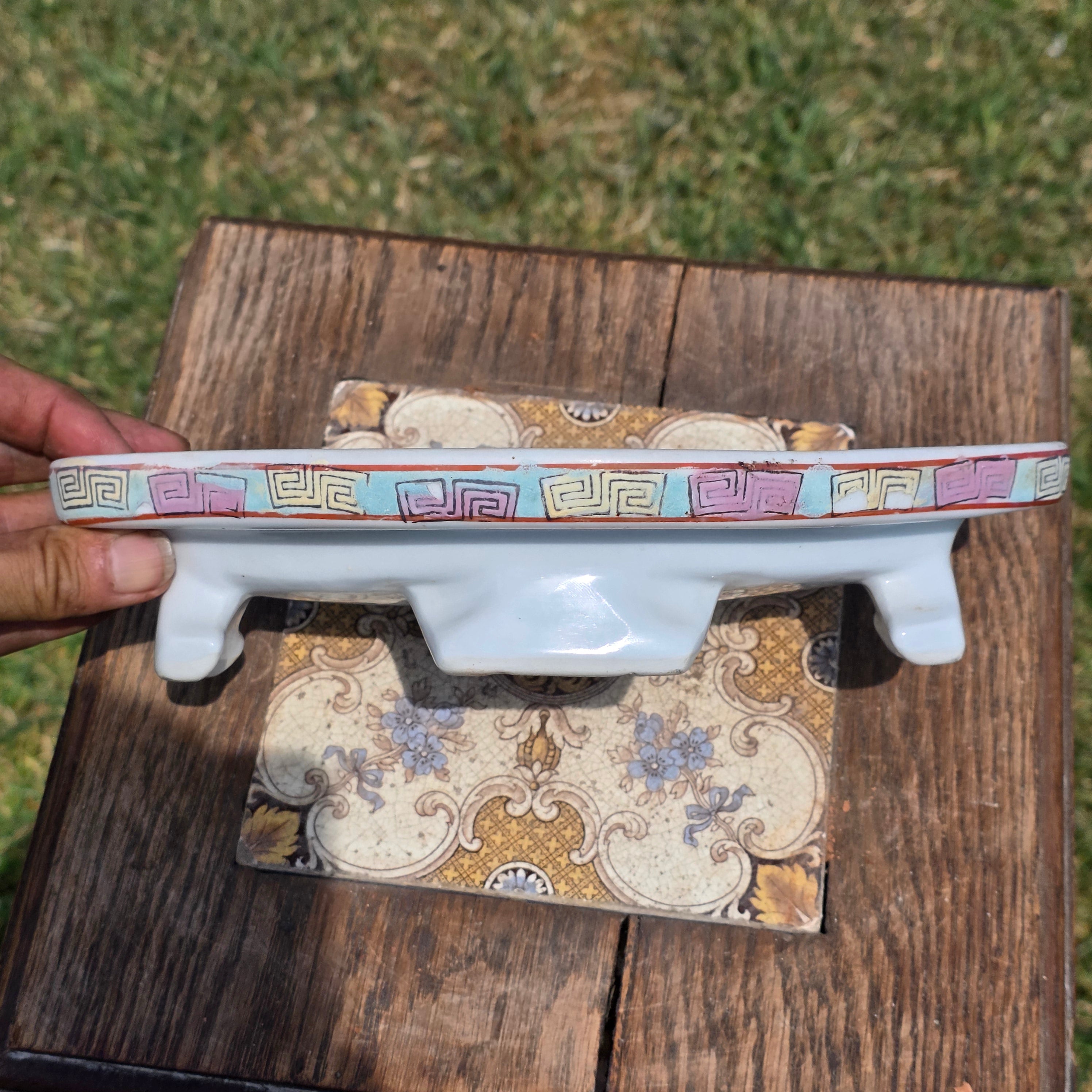Share Chinese Vintage Blue White Fluted Oval Bonsai Planter Pot Saucer Prunus