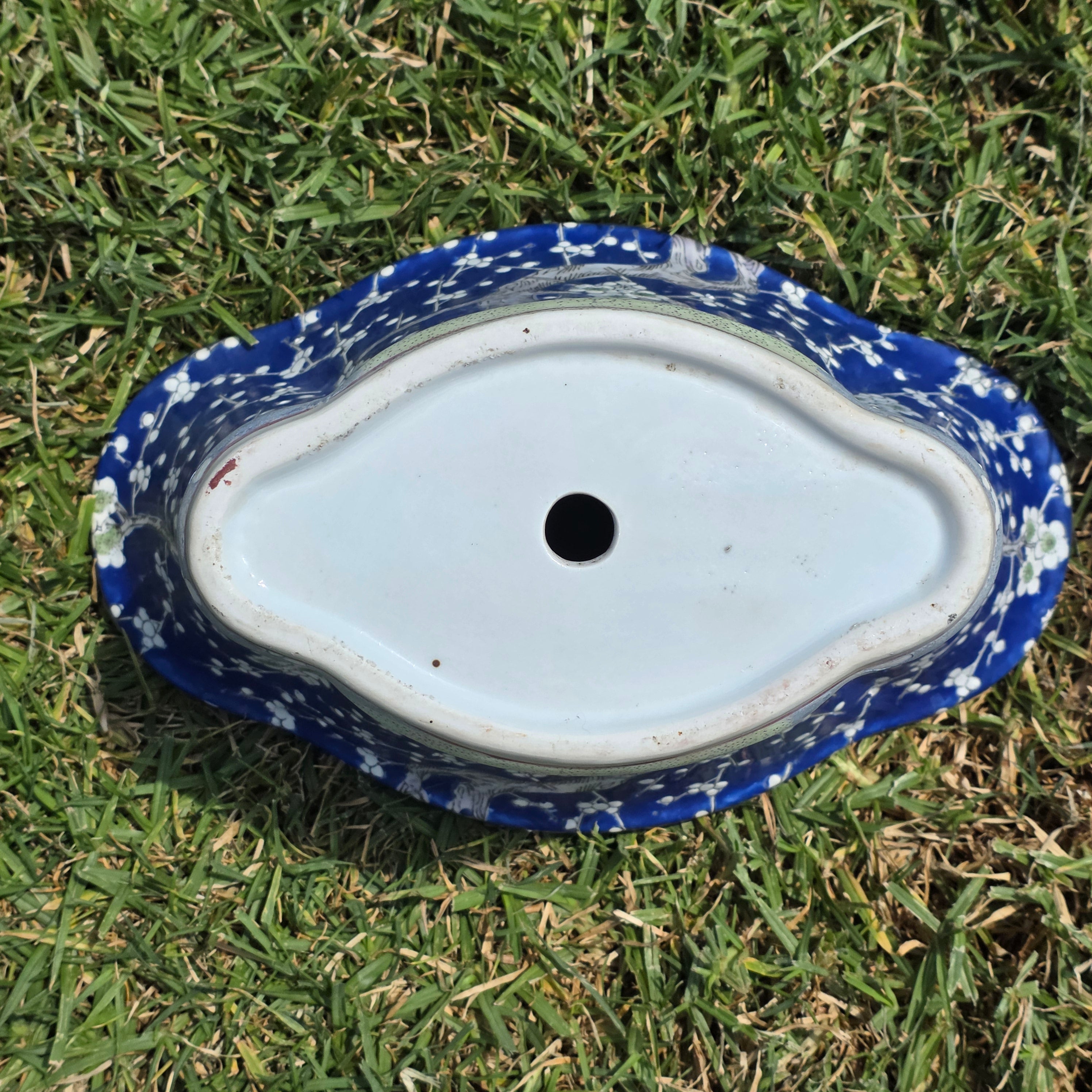 Share Chinese Vintage Blue White Fluted Oval Bonsai Planter Pot Saucer Prunus