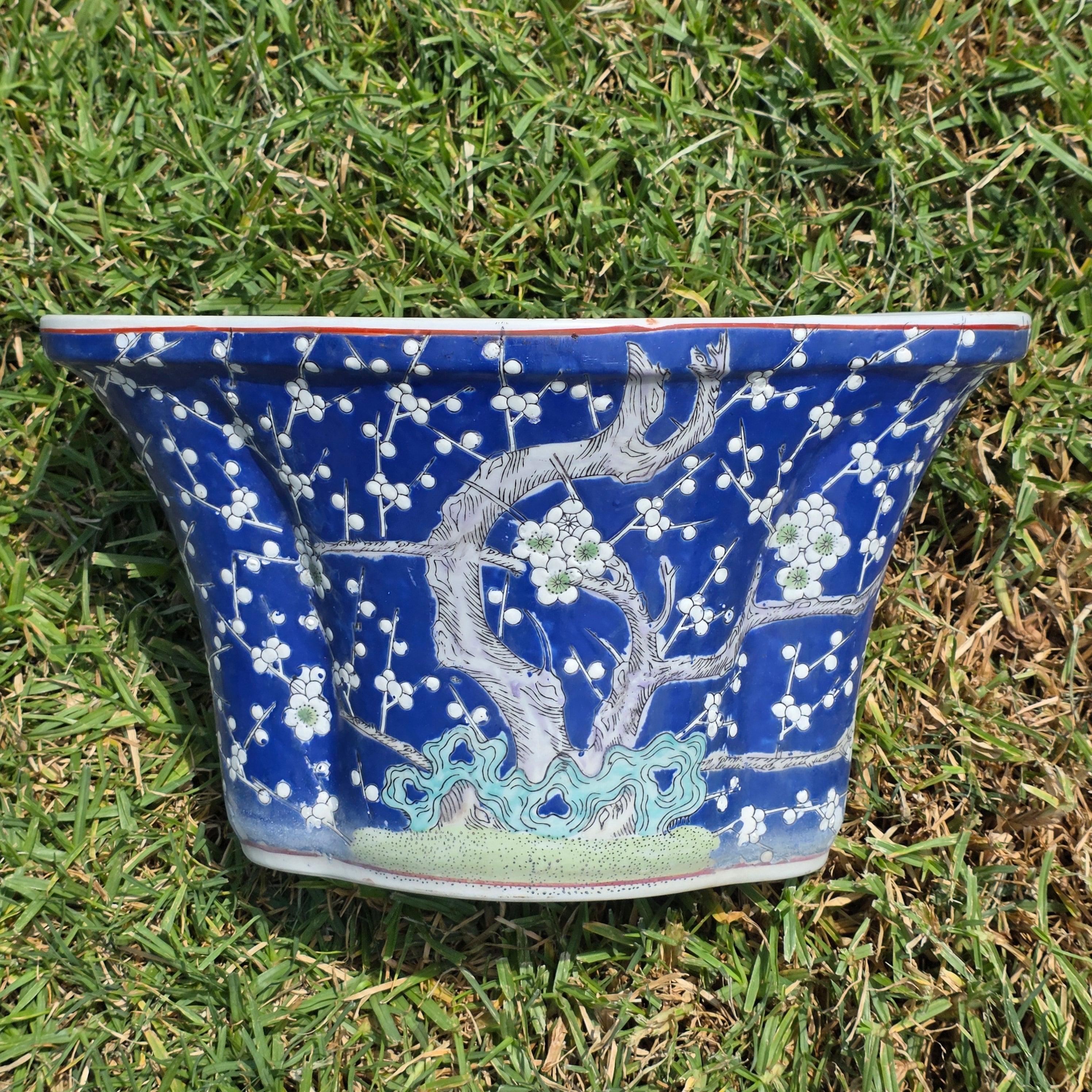 Share Chinese Vintage Blue White Fluted Oval Bonsai Planter Pot Saucer Prunus