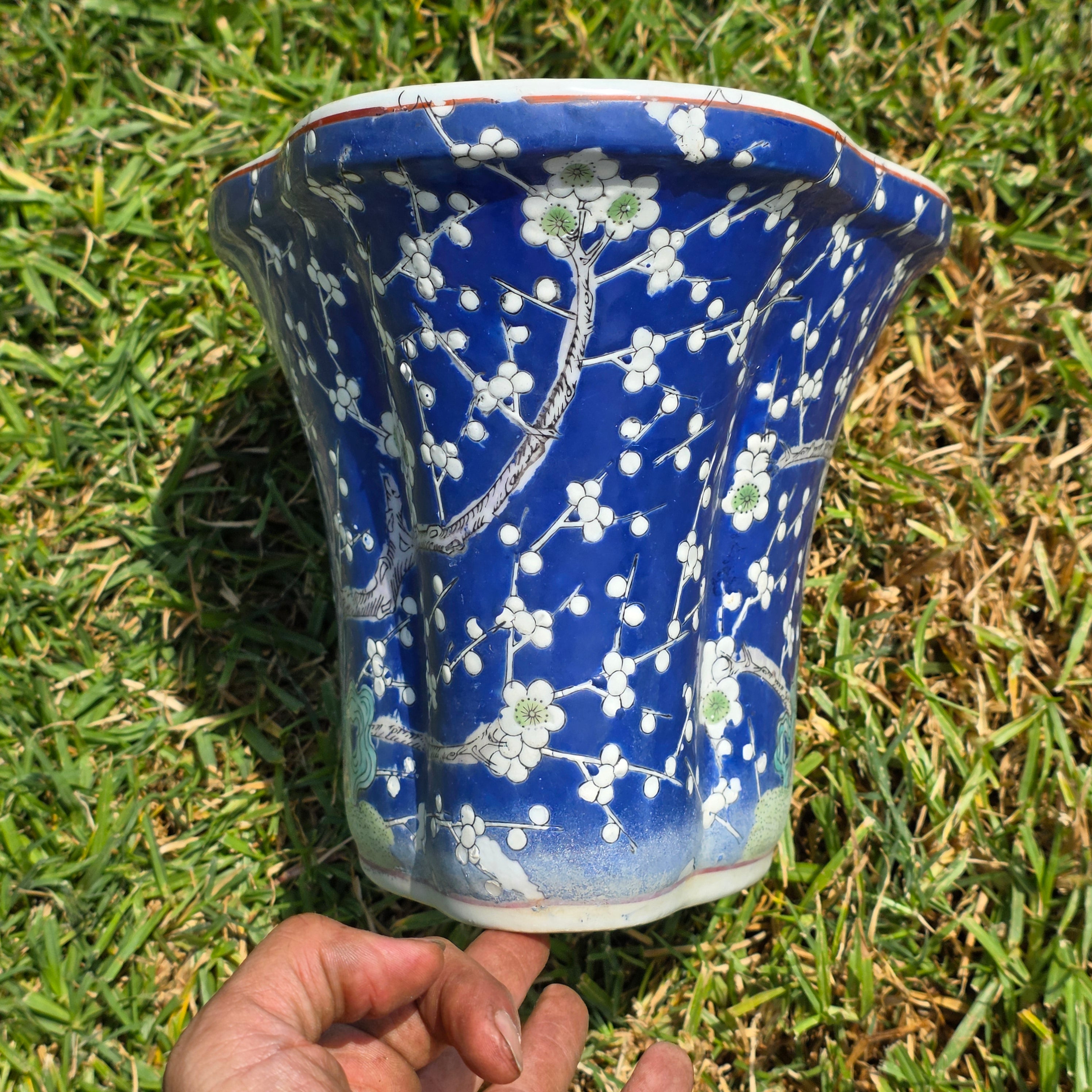 Share Chinese Vintage Blue White Fluted Oval Bonsai Planter Pot Saucer Prunus