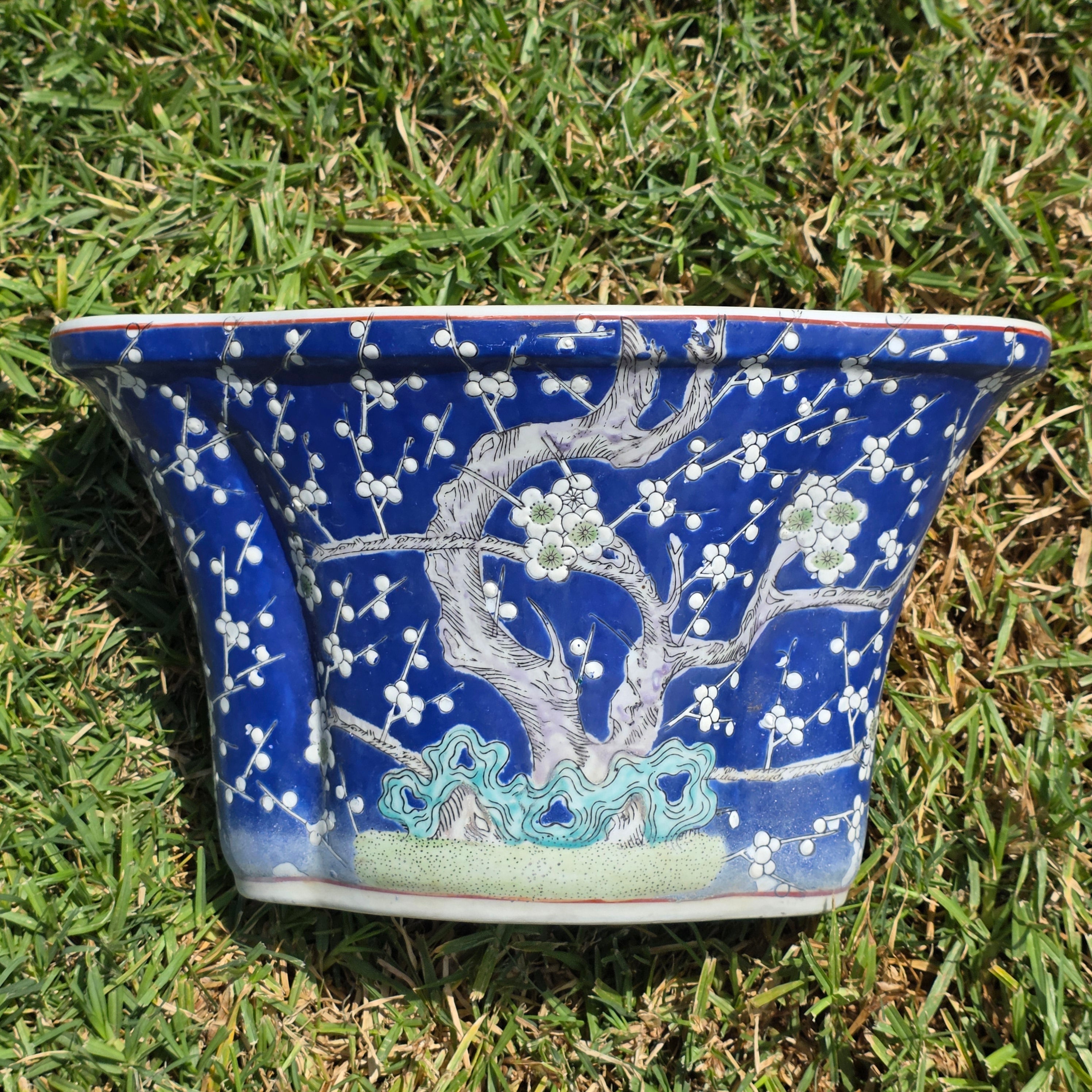 Share Chinese Vintage Blue White Fluted Oval Bonsai Planter Pot Saucer Prunus