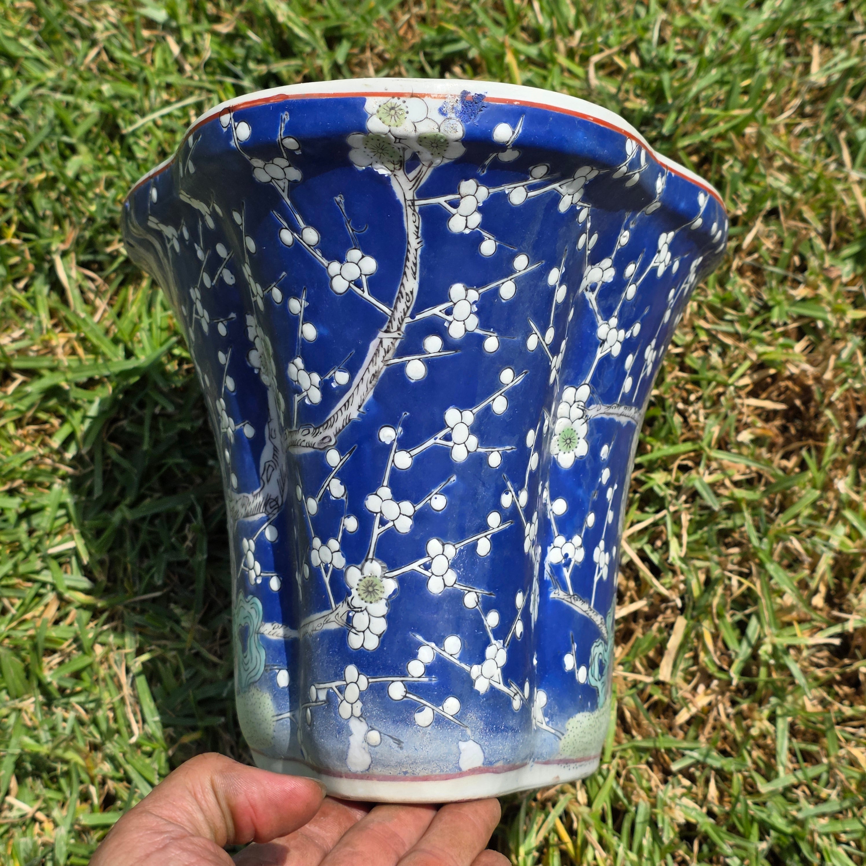 Share Chinese Vintage Blue White Fluted Oval Bonsai Planter Pot Saucer Prunus