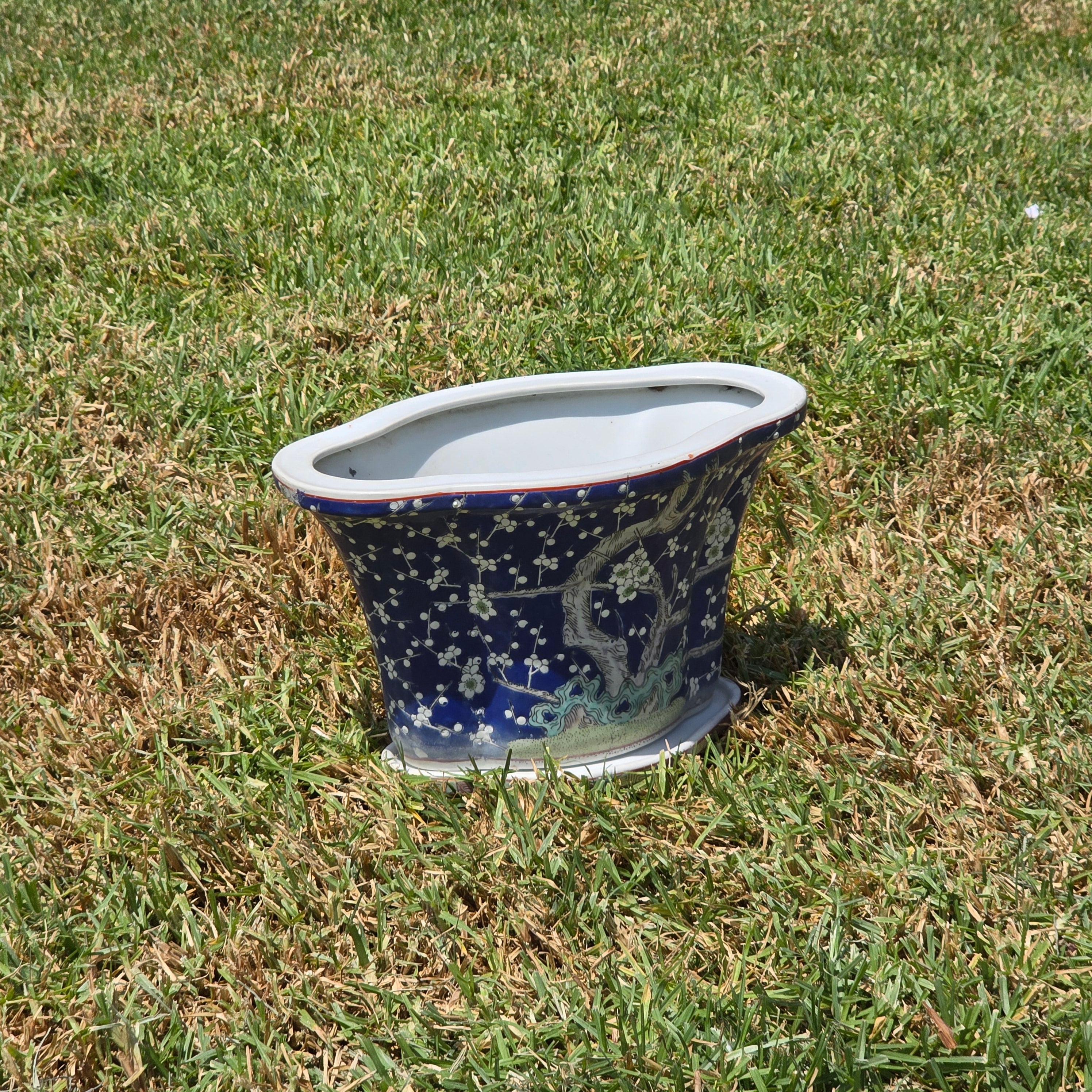 Share Chinese Vintage Blue White Fluted Oval Bonsai Planter Pot Saucer Prunus
