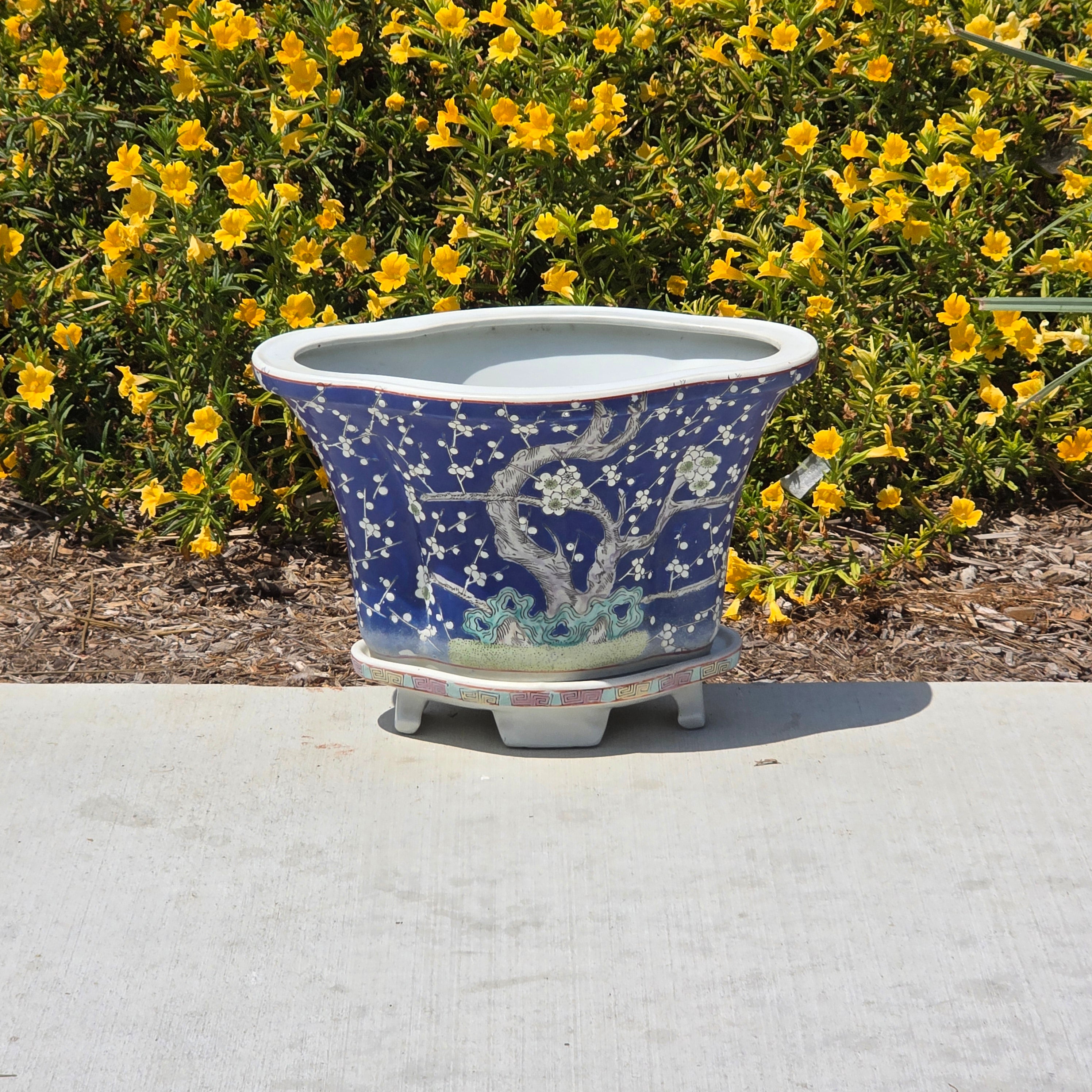 Share Chinese Vintage Blue White Fluted Oval Bonsai Planter Pot Saucer Prunus