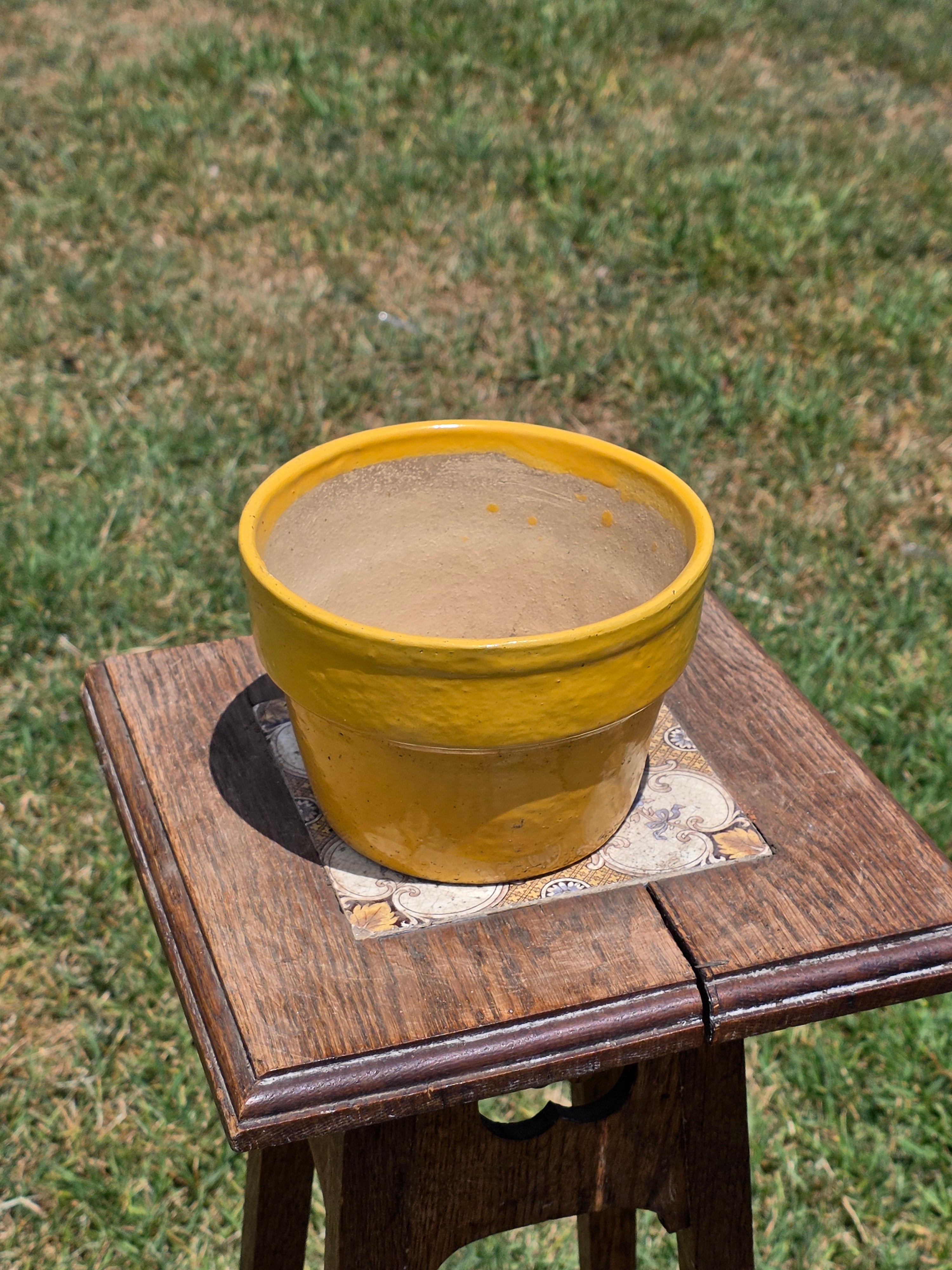 Vintage Yellow Glazed Terracotta Flower Pot Planter Mid Century 6.25"