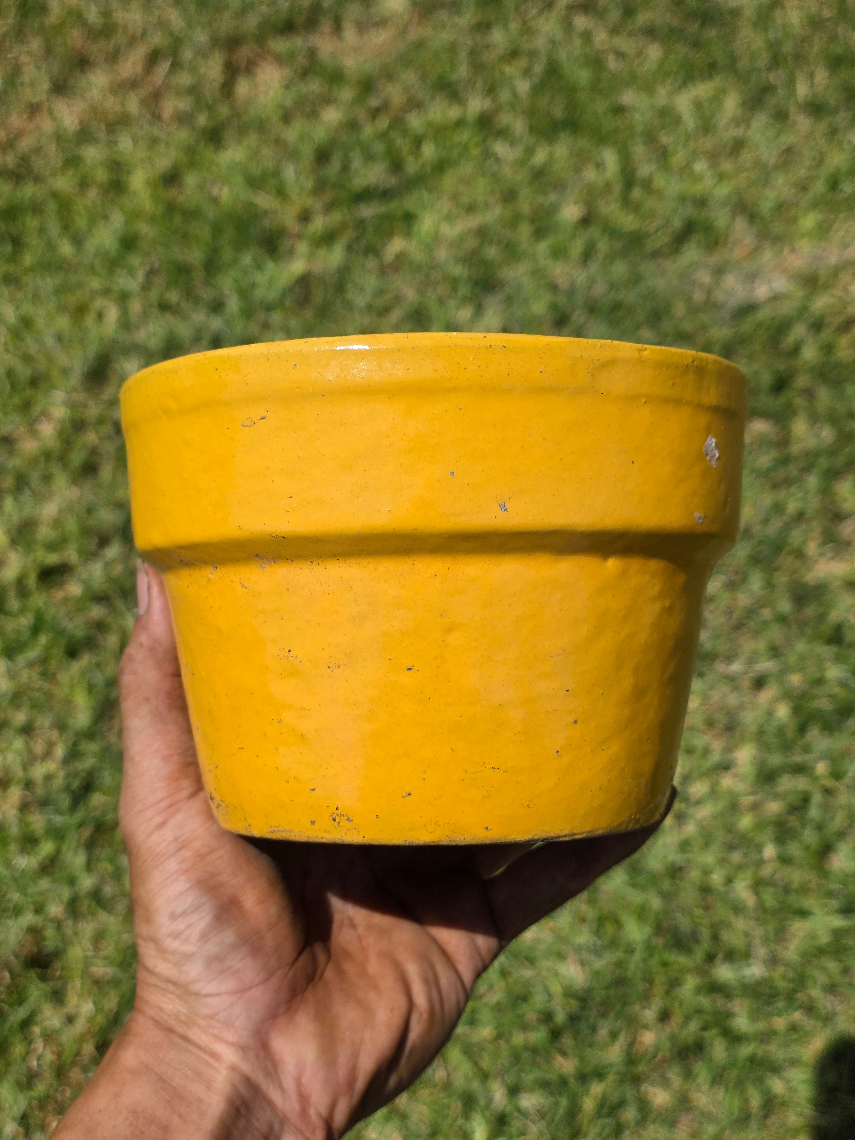 Vintage Yellow Glazed Terracotta Flower Pot Planter Mid Century 6.25"