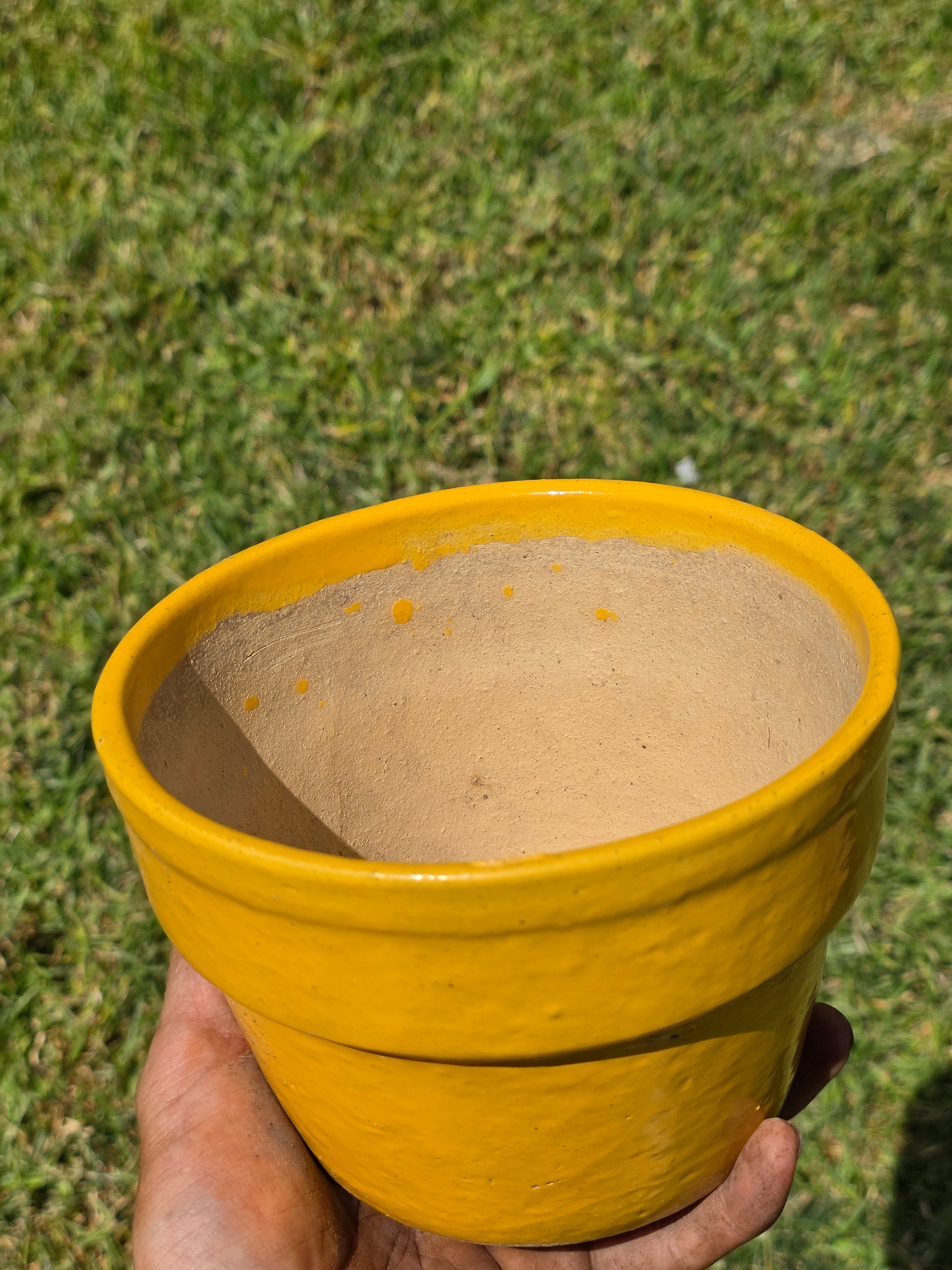 Vintage Yellow Glazed Terracotta Flower Pot Planter Mid Century 6.25"