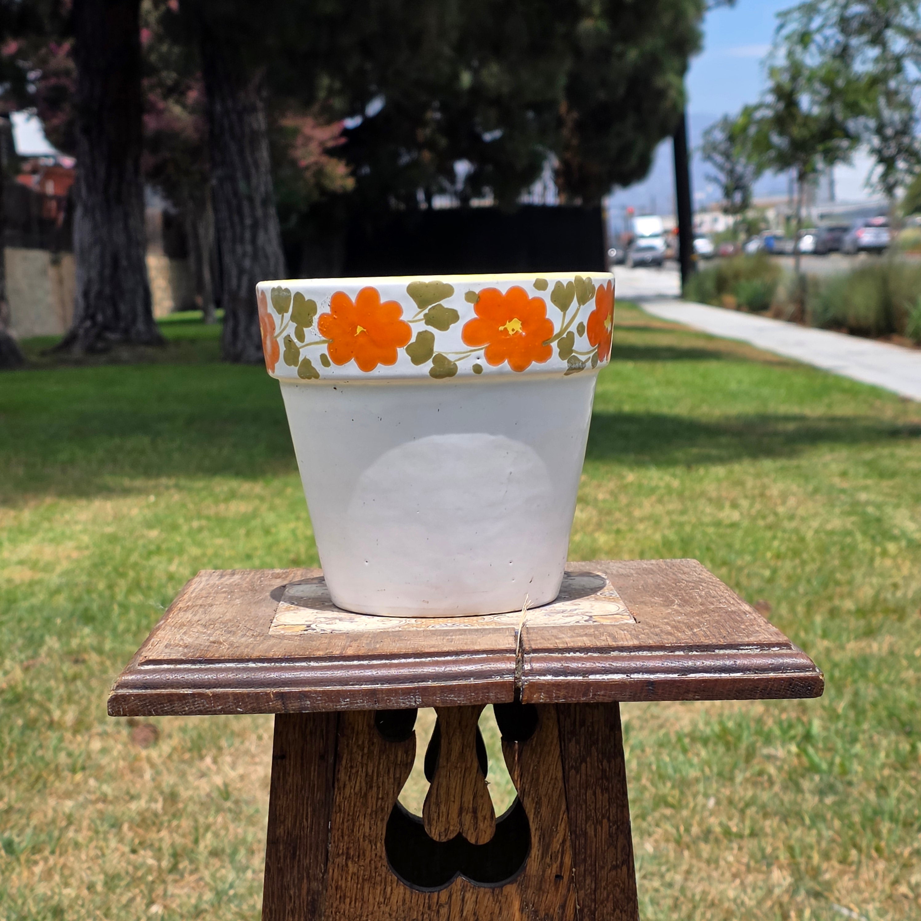 Vintage Italy Ceramic Planter Orange Flower Pot Yellow Rim MCM Hand Painted 6"