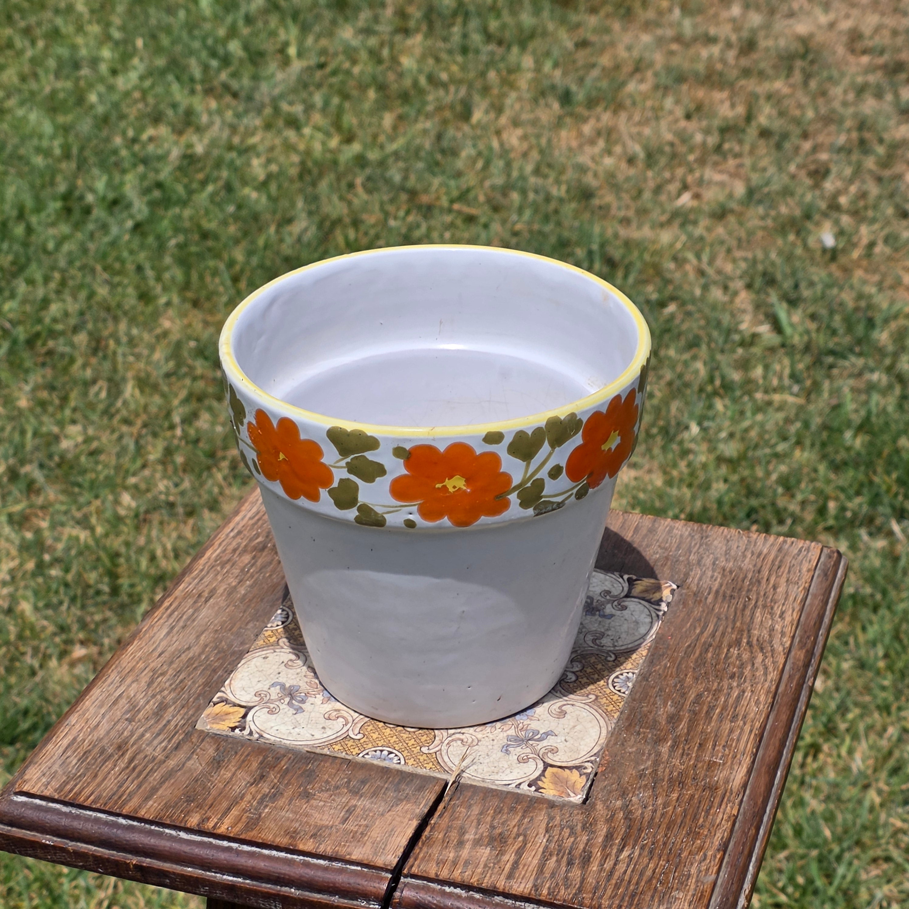 Vintage Italy Ceramic Planter Orange Flower Pot Yellow Rim MCM Hand Painted 6"