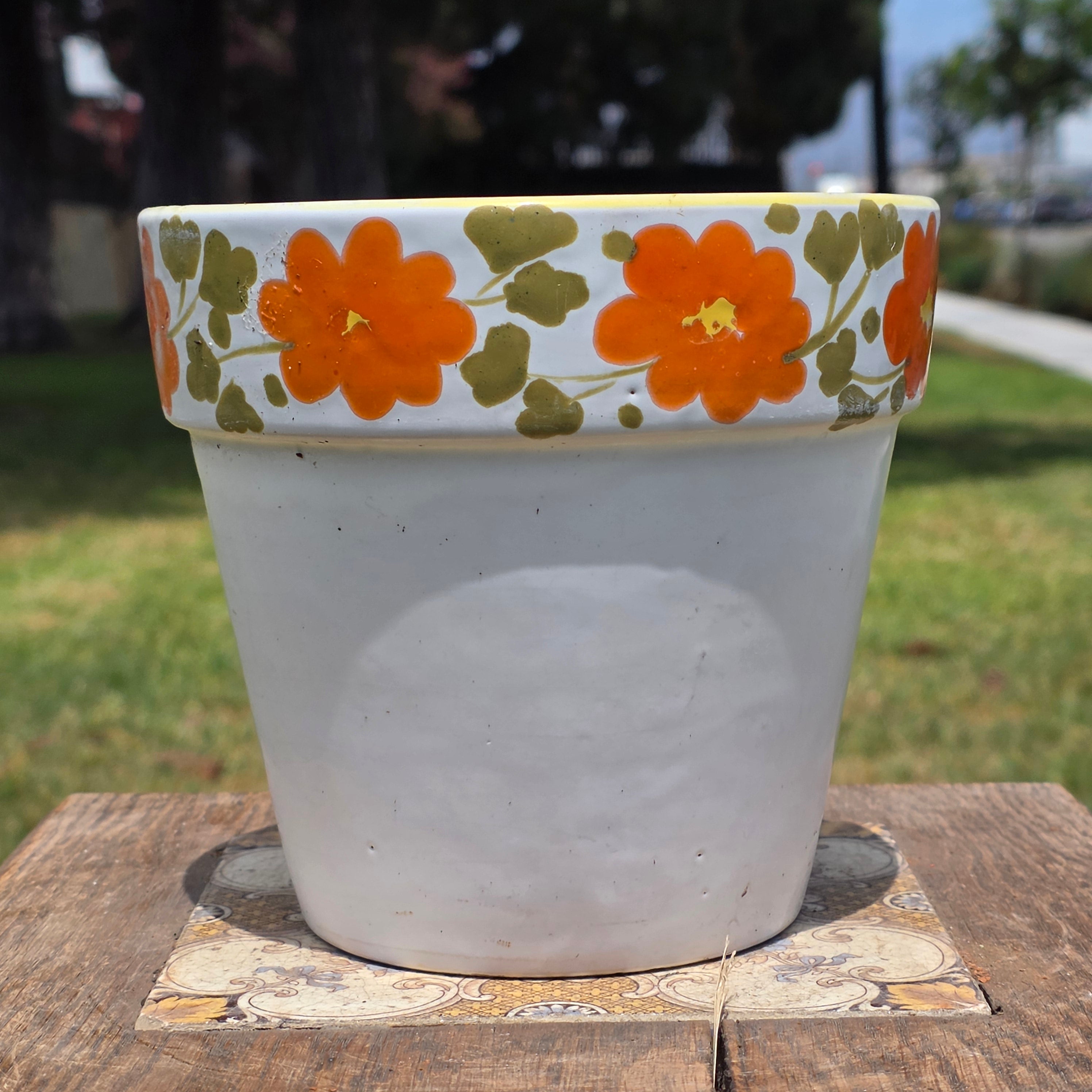 Vintage Italy Ceramic Planter Orange Flower Pot Yellow Rim MCM Hand Painted 6"