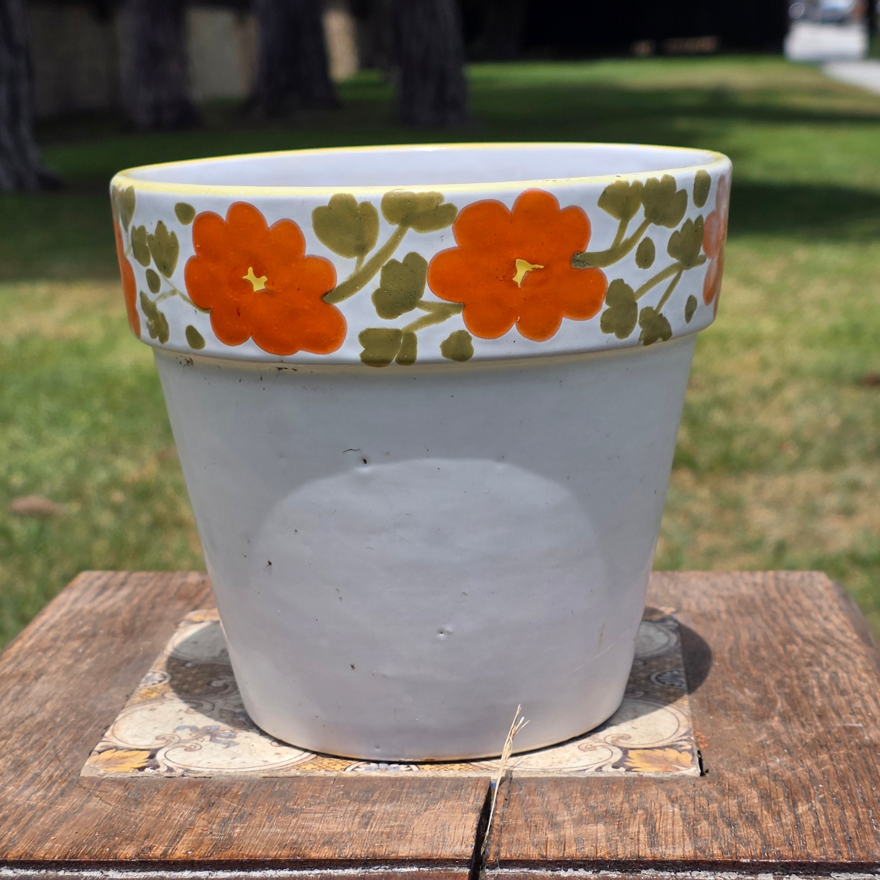 Vintage Italy Ceramic Planter Orange Flower Pot Yellow Rim MCM Hand Painted 6"