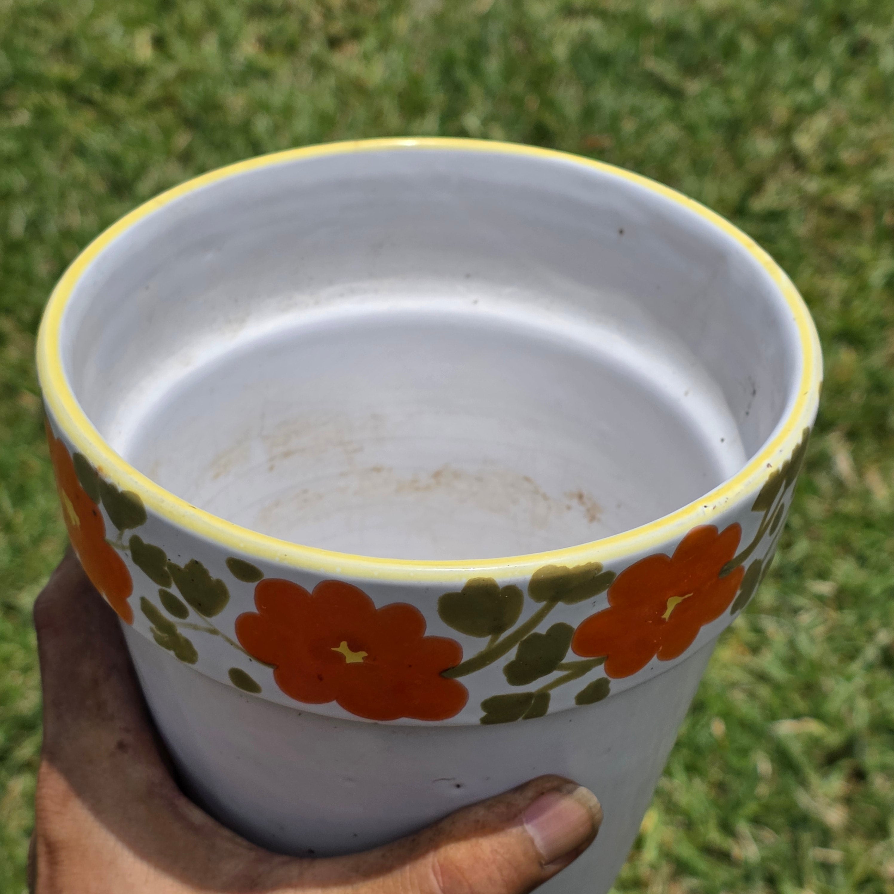Vintage Italy Ceramic Planter Orange Flower Pot Yellow Rim MCM Hand Painted 6"