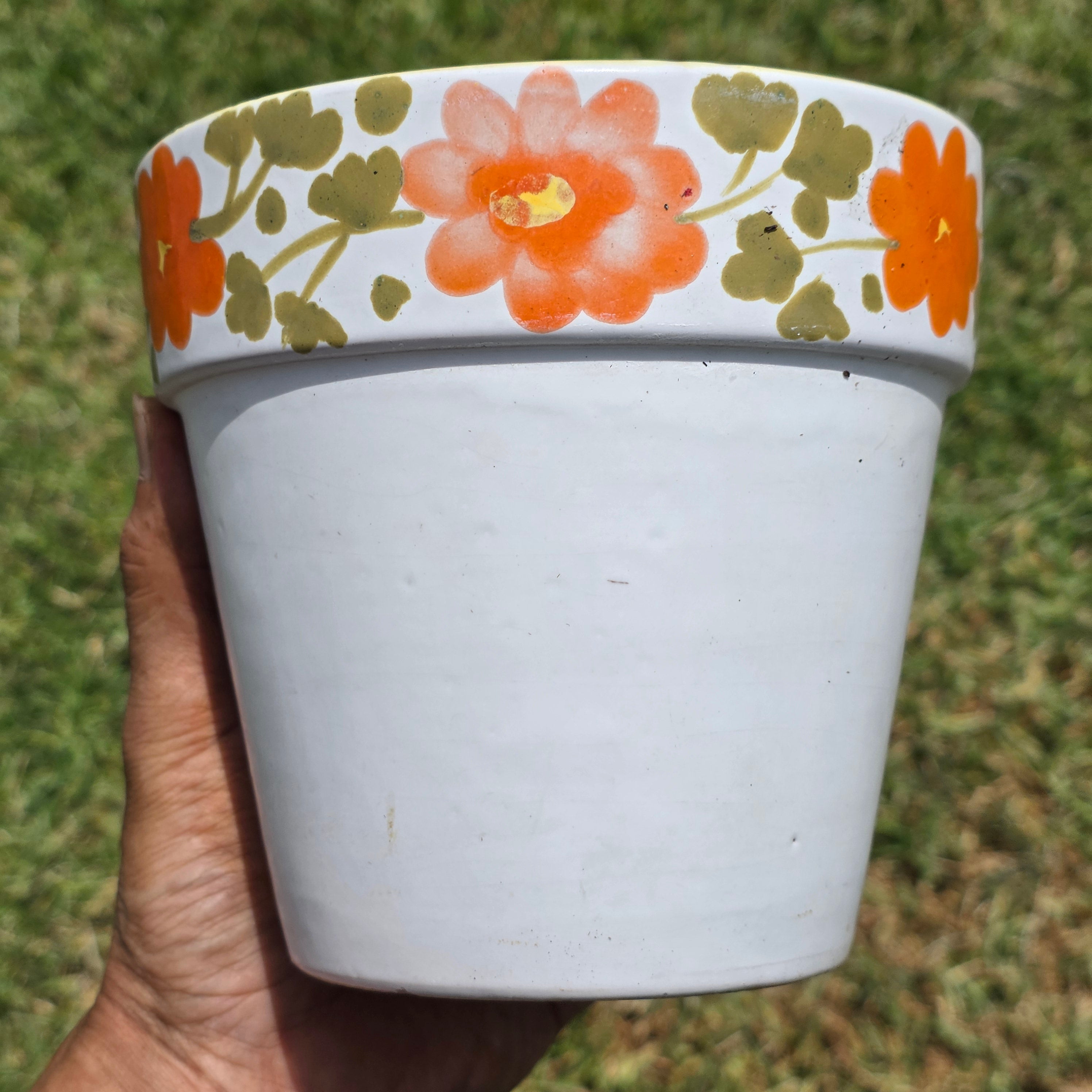 Vintage Italy Ceramic Planter Orange Flower Pot Yellow Rim MCM Hand Painted 6"