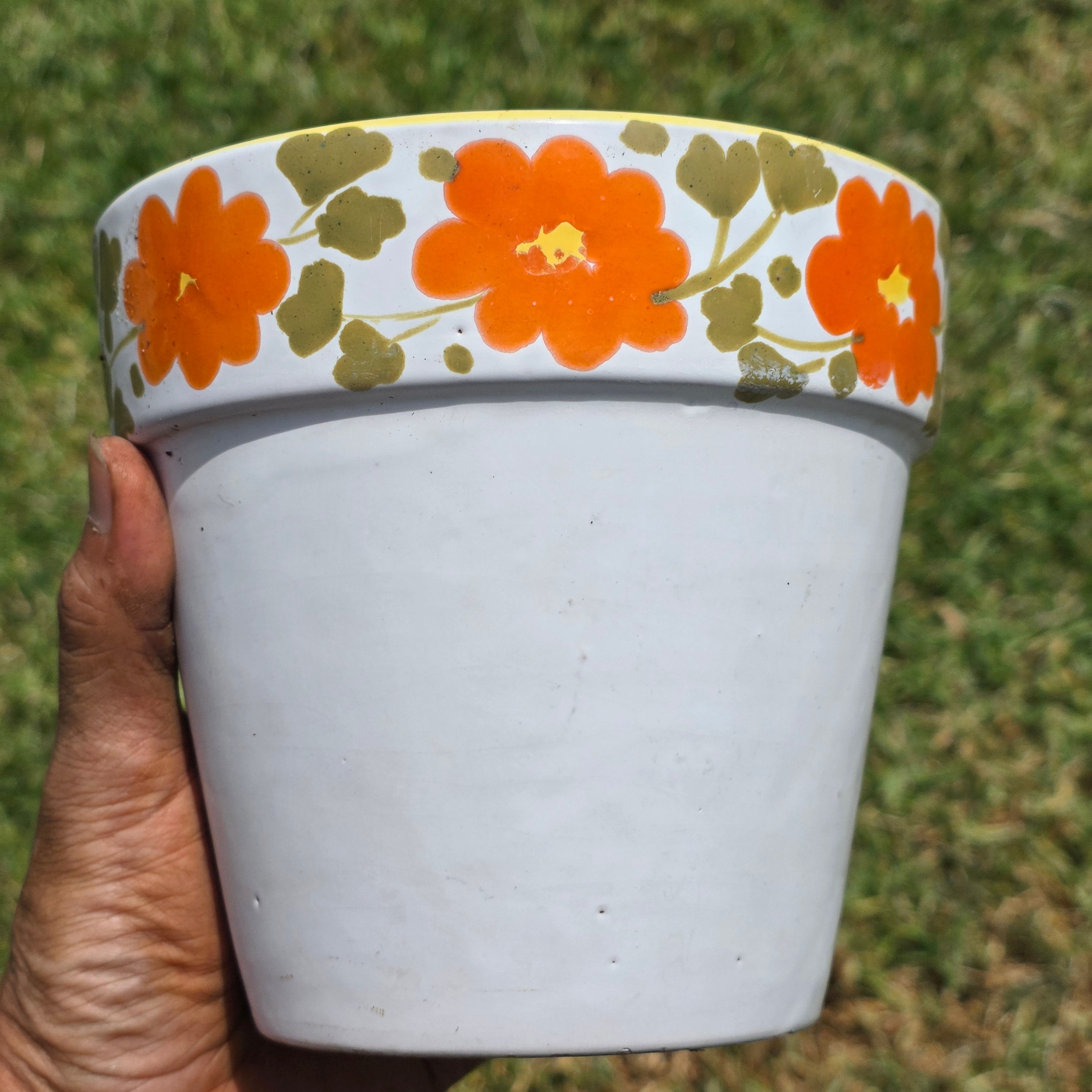 Vintage Italy Ceramic Planter Orange Flower Pot Yellow Rim MCM Hand Painted 6"
