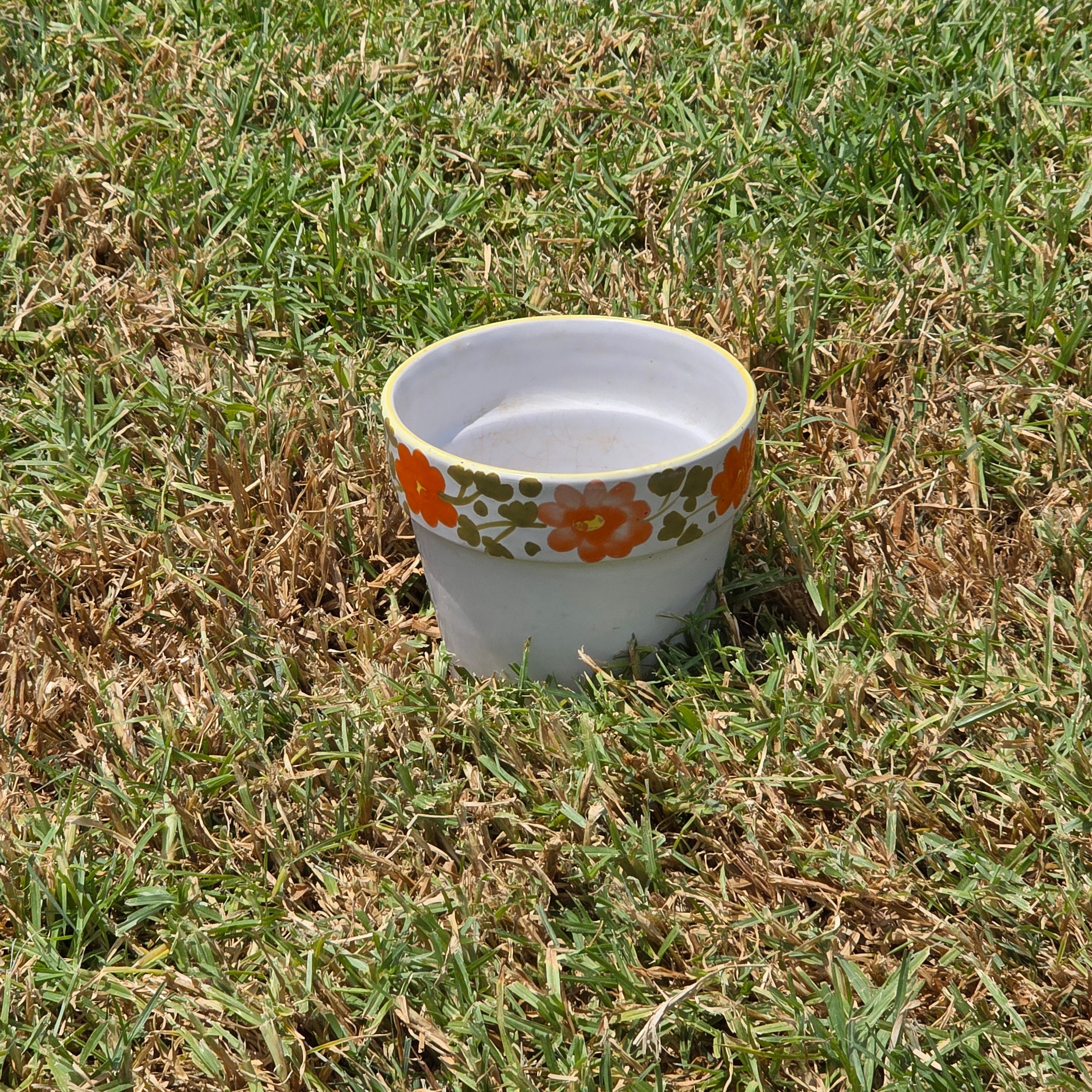 Vintage Italy Ceramic Planter Orange Flower Pot Yellow Rim MCM Hand Painted 6"