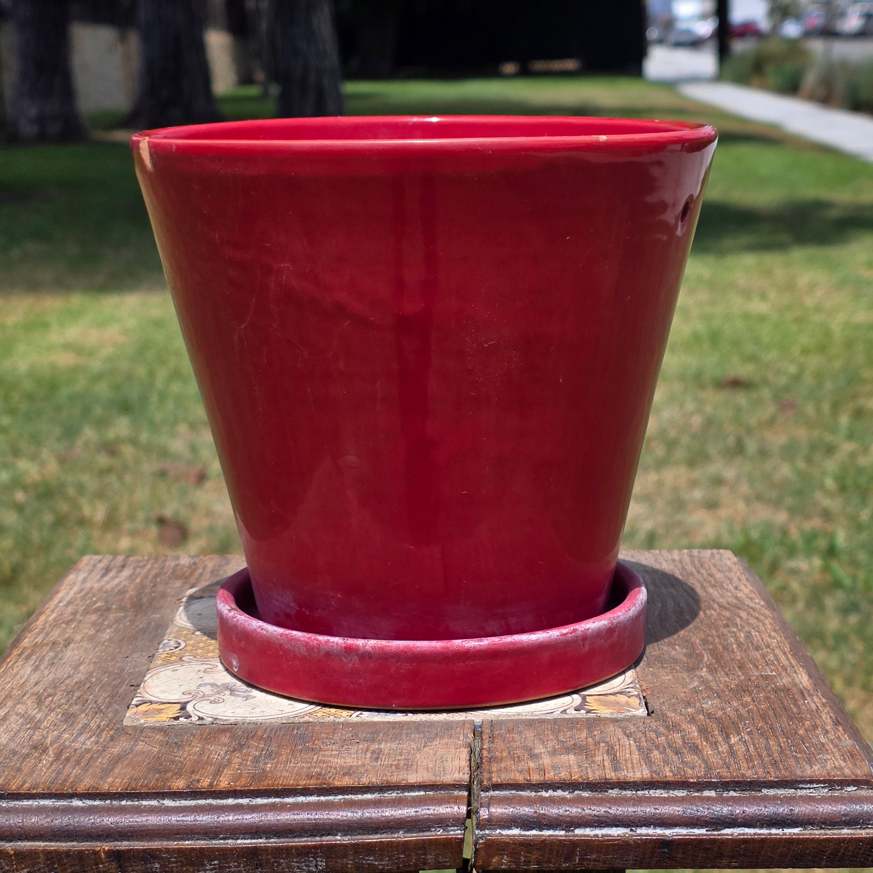 Vintage Red Ceramic Orchid Planter Pot Hanging Holes Saucer Glazed 7" Clay