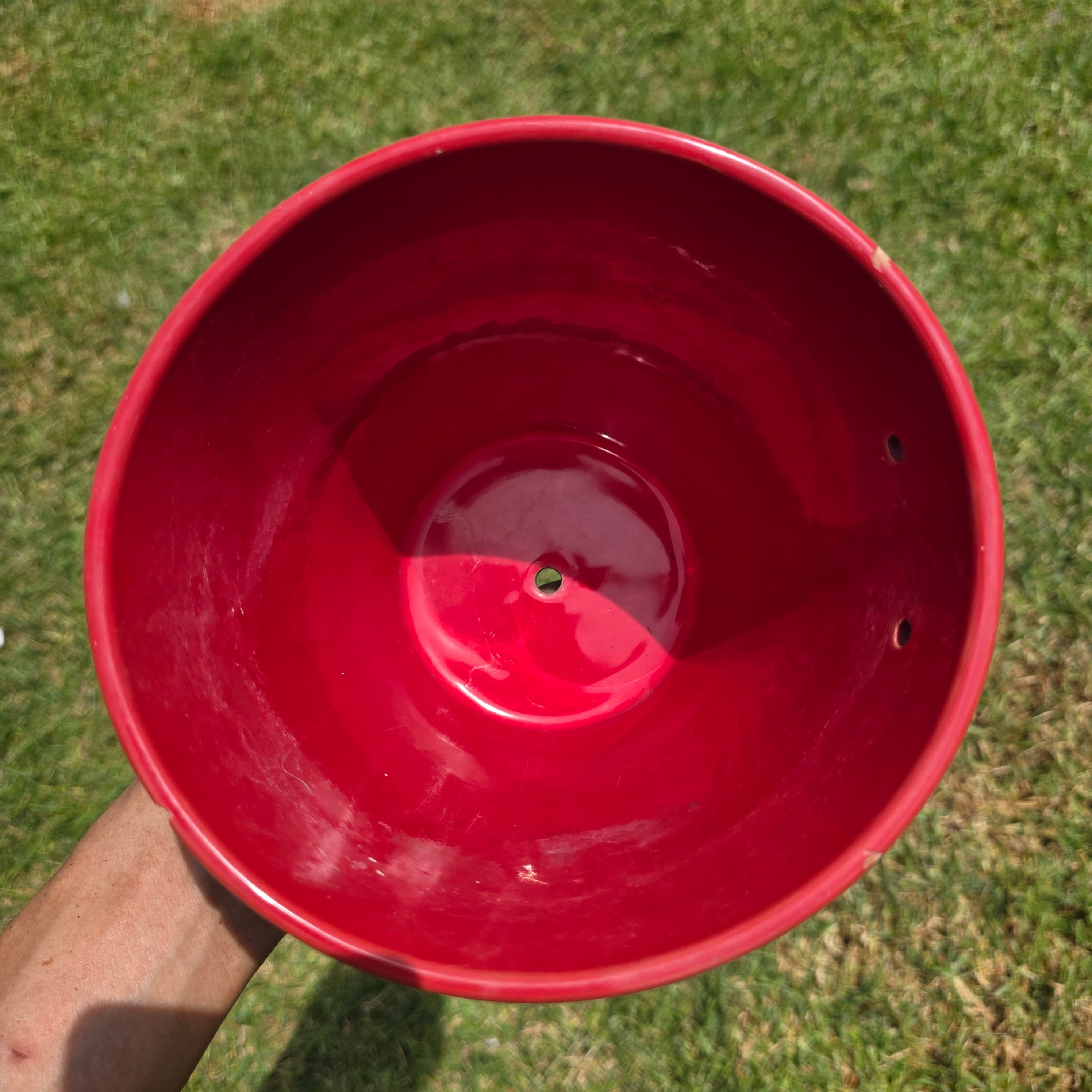 Vintage Red Ceramic Orchid Planter Pot Hanging Holes Saucer Glazed 7" Clay
