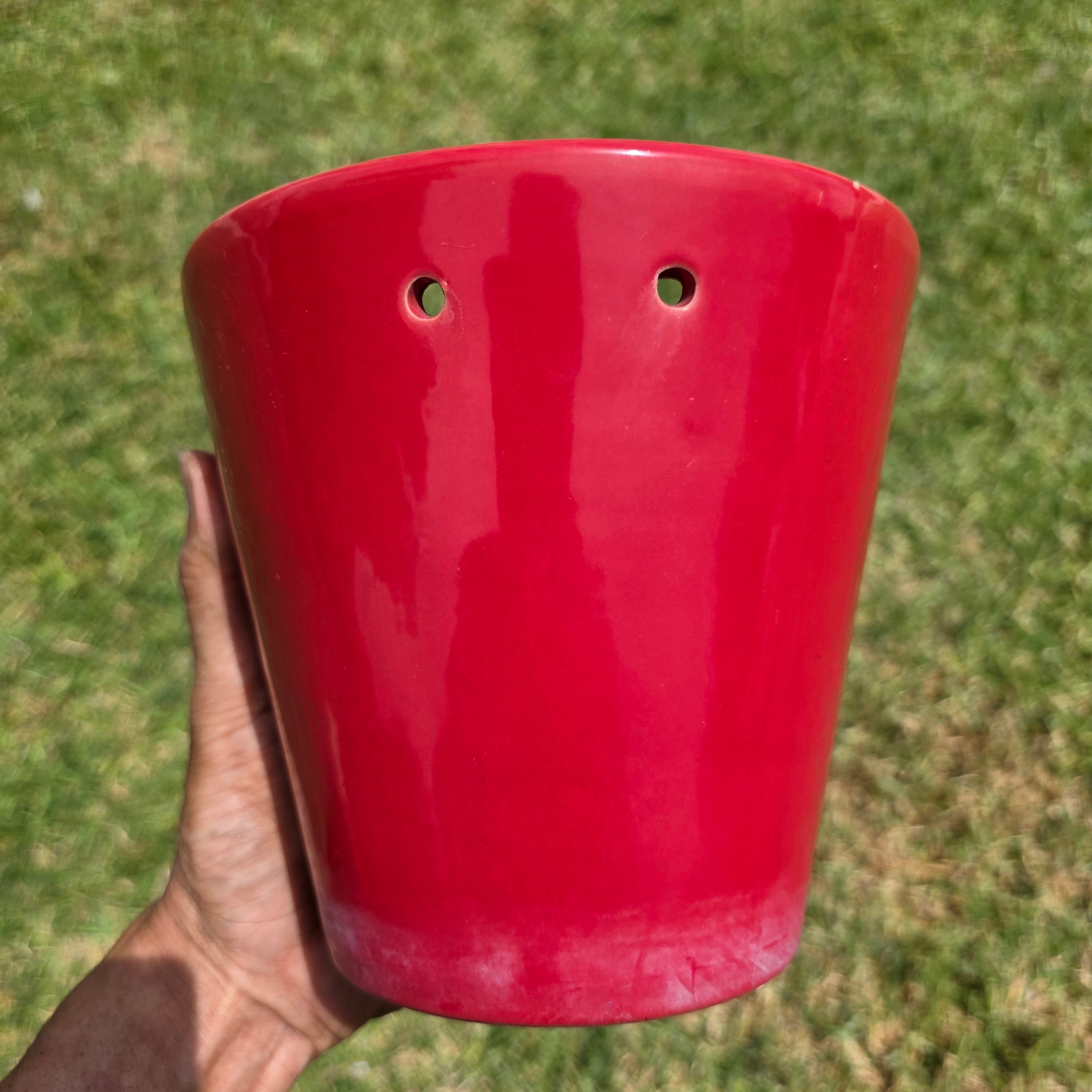 Vintage Red Ceramic Orchid Planter Pot Hanging Holes Saucer Glazed 7" Clay