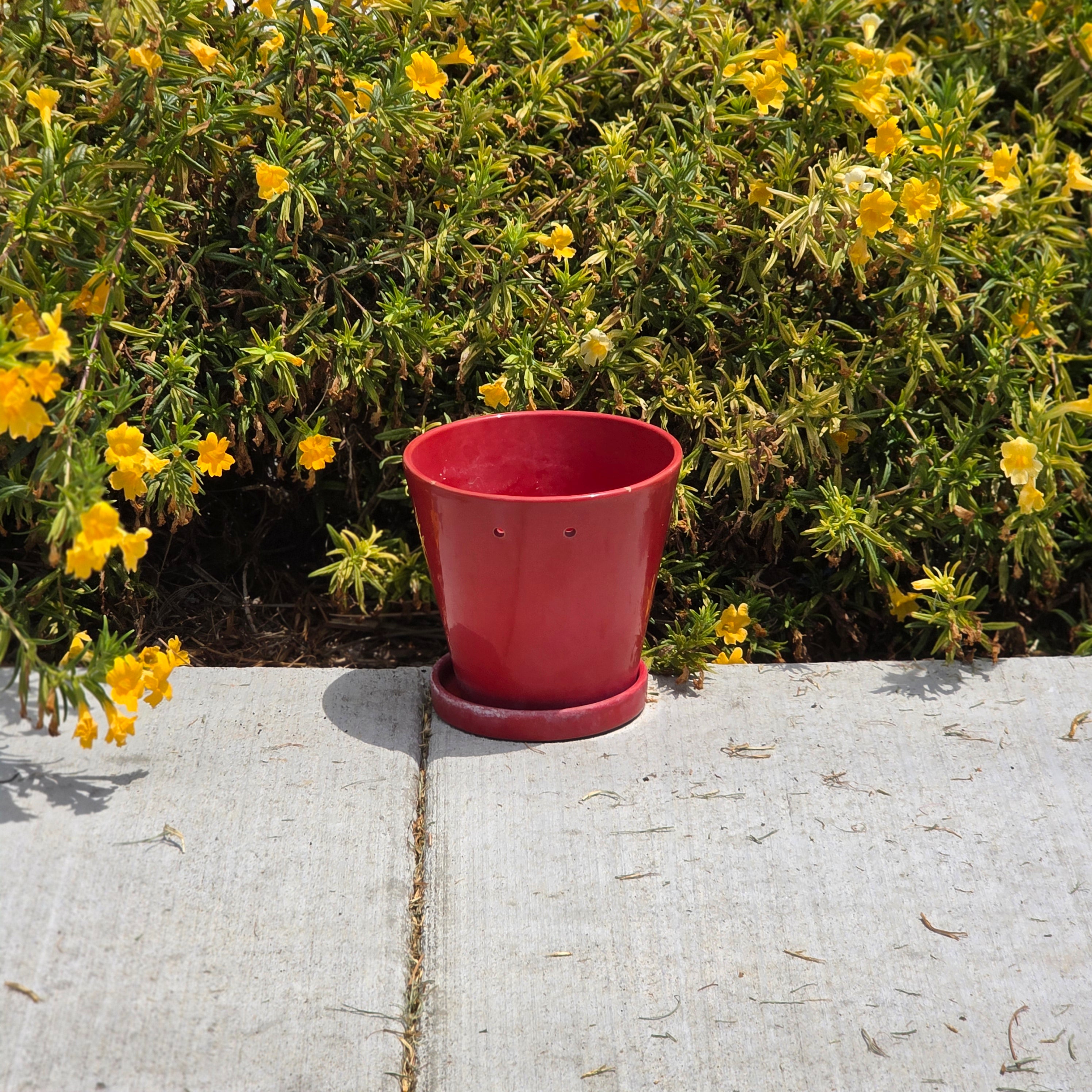 Vintage Red Ceramic Orchid Planter Pot Hanging Holes Saucer Glazed 7" Clay