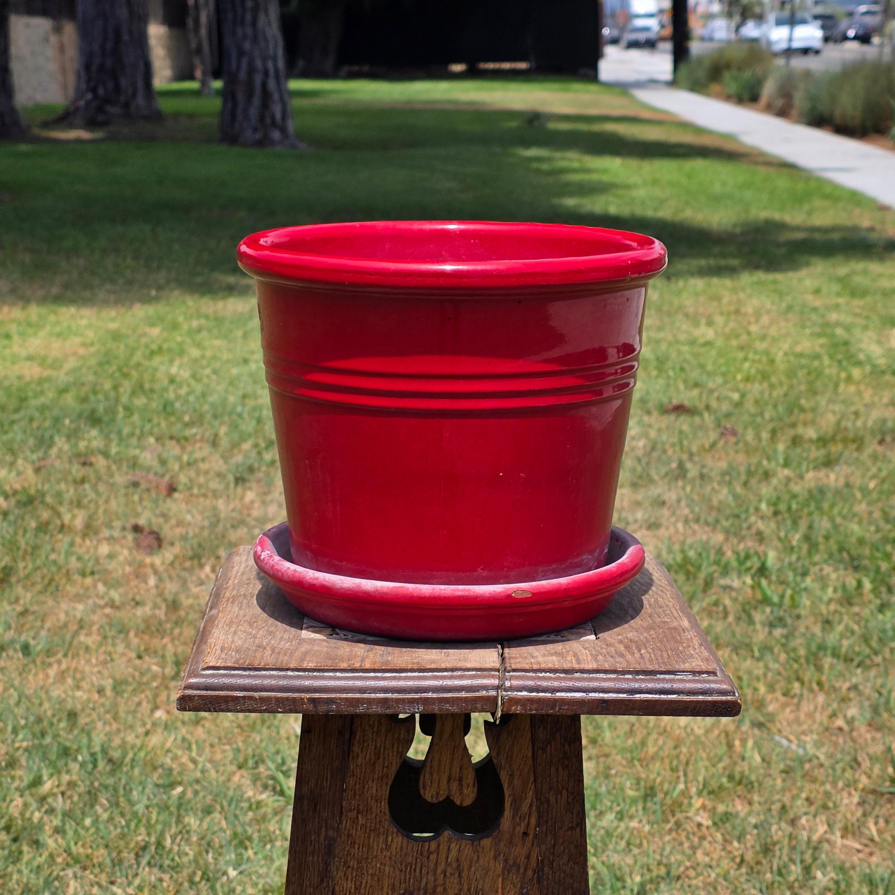 Vtg EV 21 Italy Red Glazed Terracotta Planter Flower Pot with Saucer Set 9"
