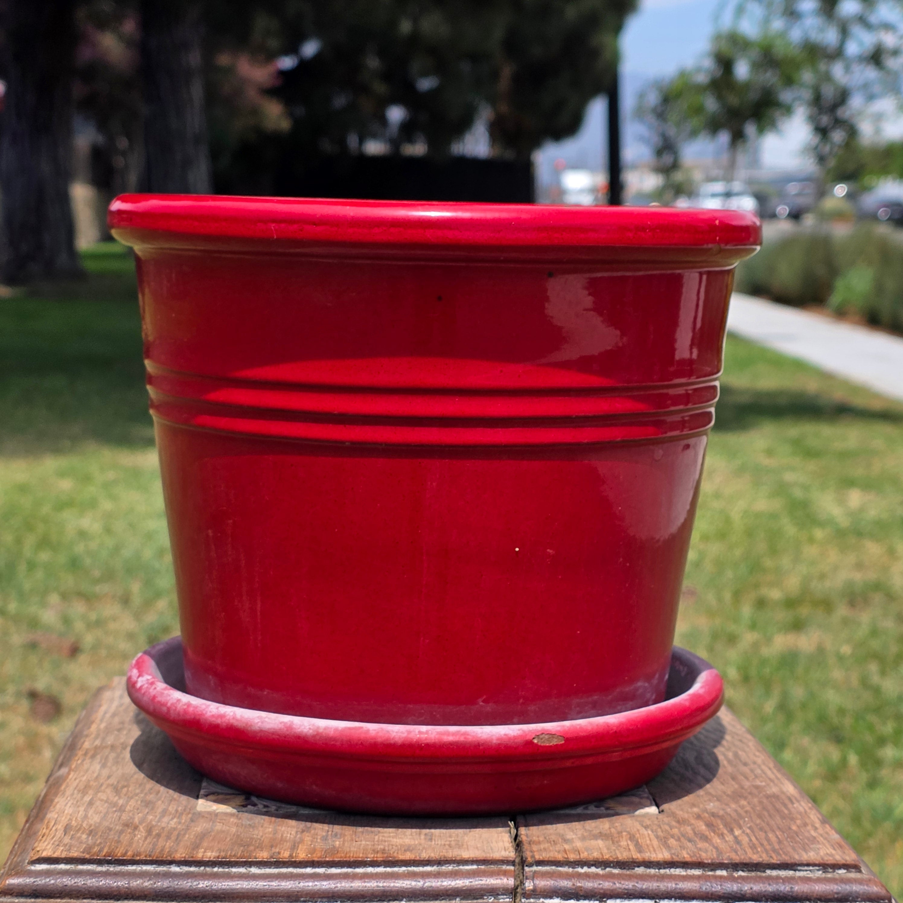 Vtg EV 21 Italy Red Glazed Terracotta Planter Flower Pot with Saucer Set 9"