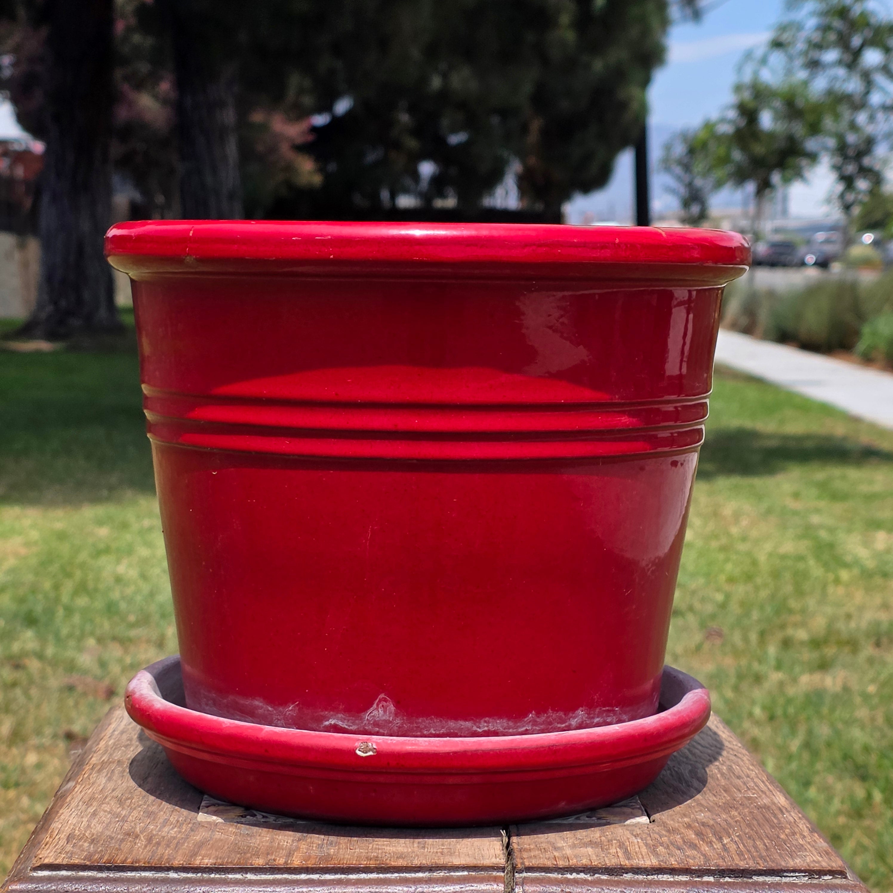 Vtg EV 21 Italy Red Glazed Terracotta Planter Flower Pot with Saucer Set 9"