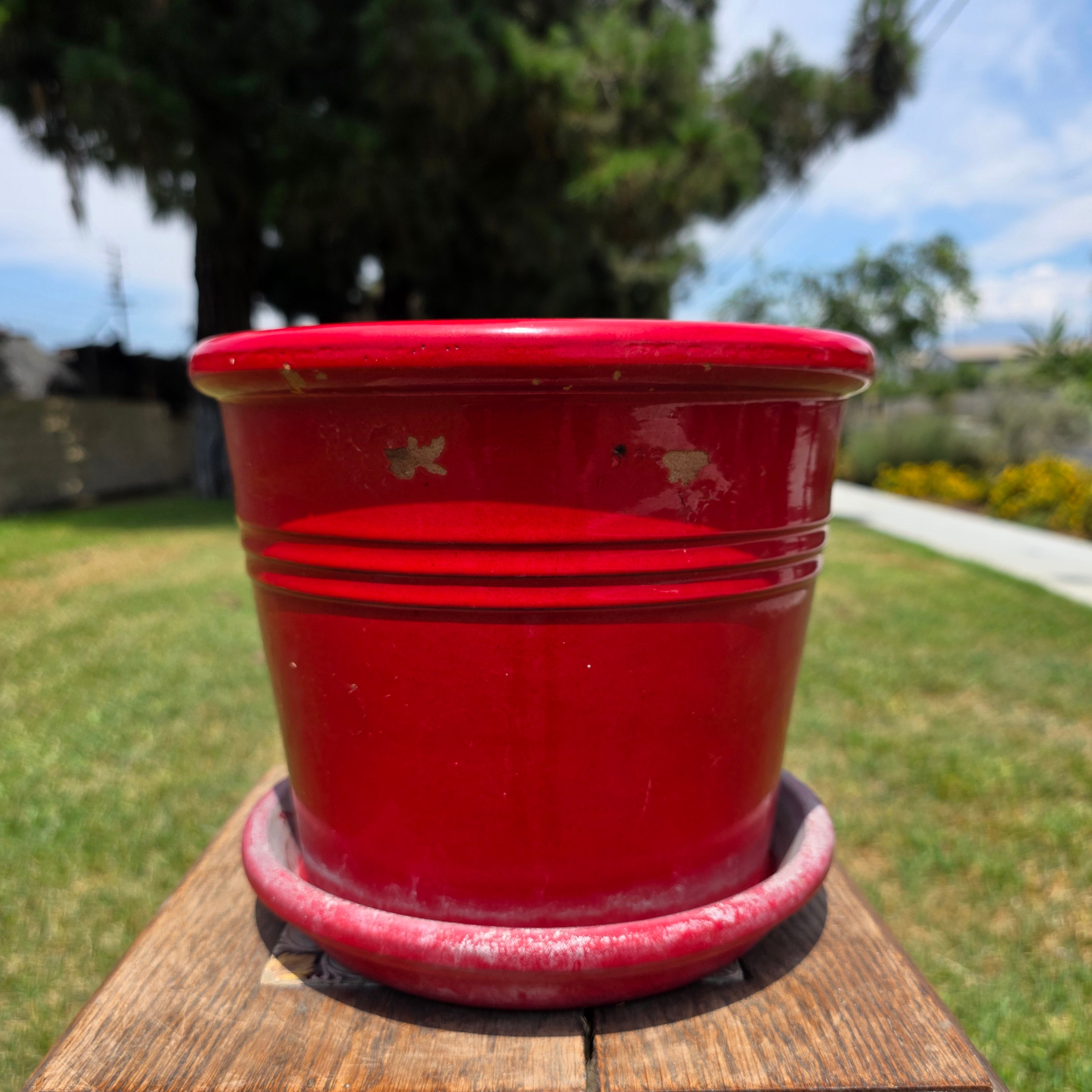 Vtg EV 21 Italy Red Glazed Terracotta Planter Flower Pot with Saucer Set 9"