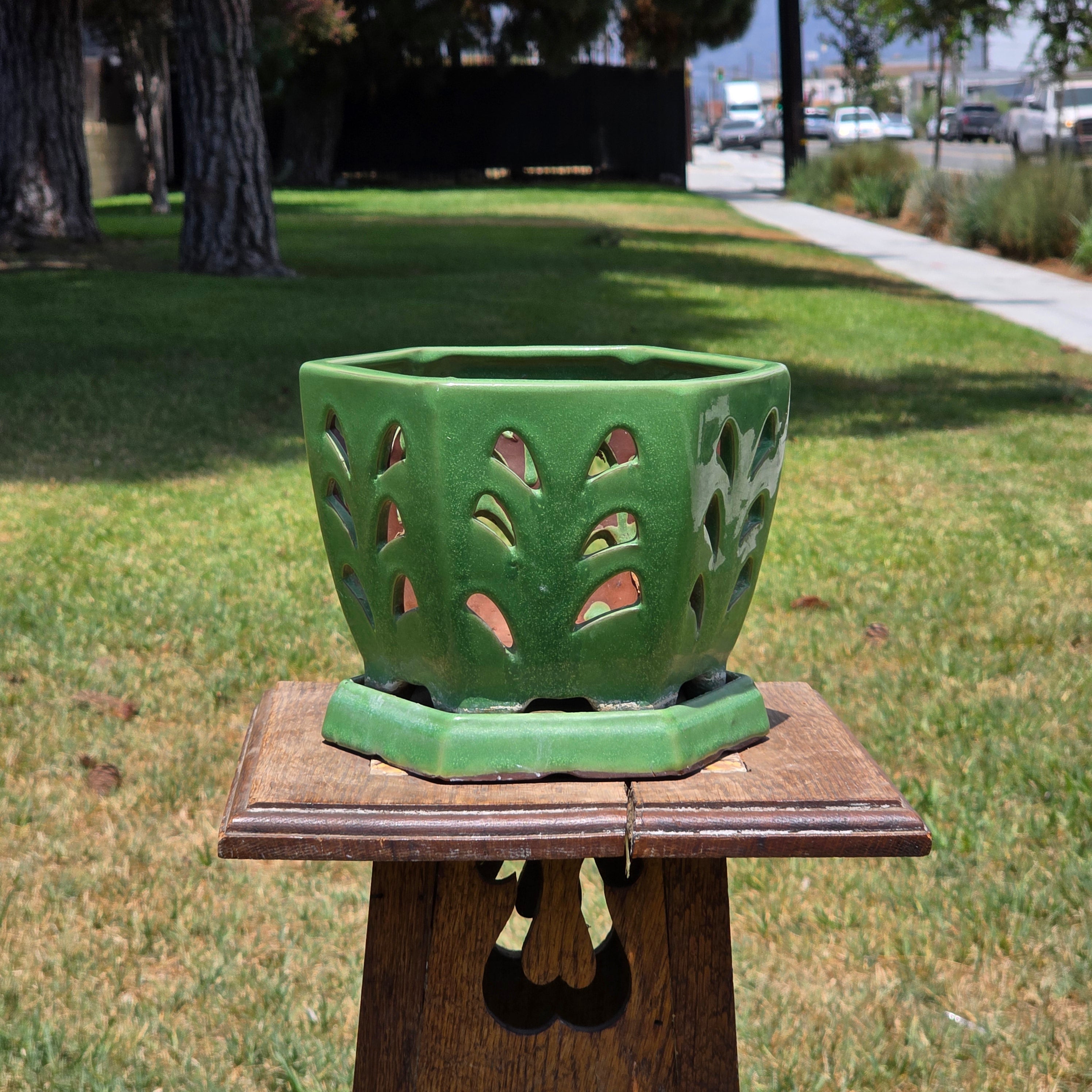 Vintage Orchid Pot Ceramic Planter Hexagon Green Glazed Cutout Attached Saucer 7"