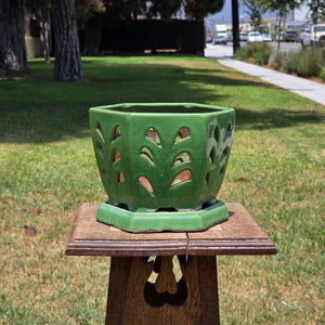 Vintage Orchid Pot Ceramic Planter Hexagon Green Glazed Cutout Attached Saucer 7"