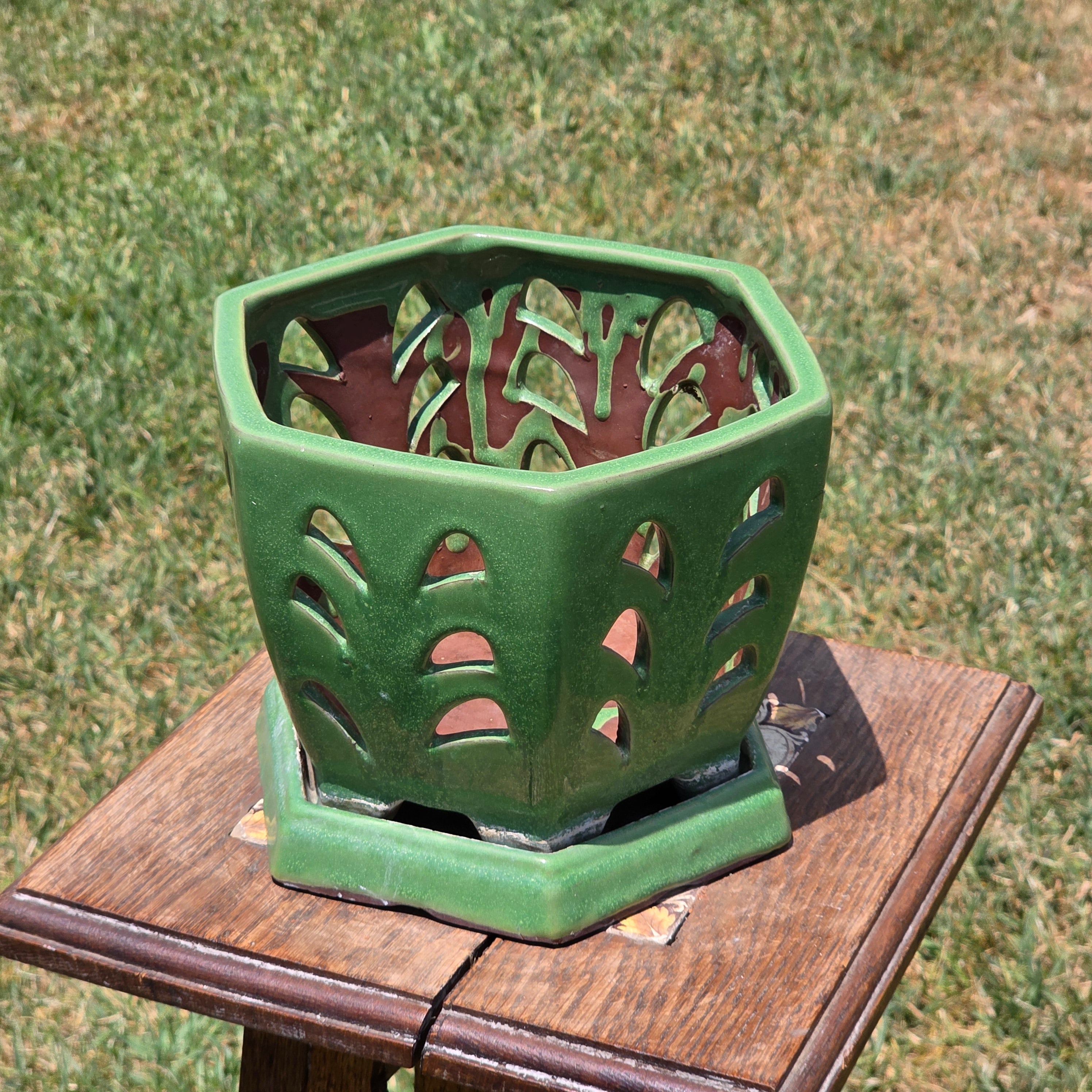 Vintage Orchid Pot Ceramic Planter Hexagon Green Glazed Cutout Attached Saucer 7"