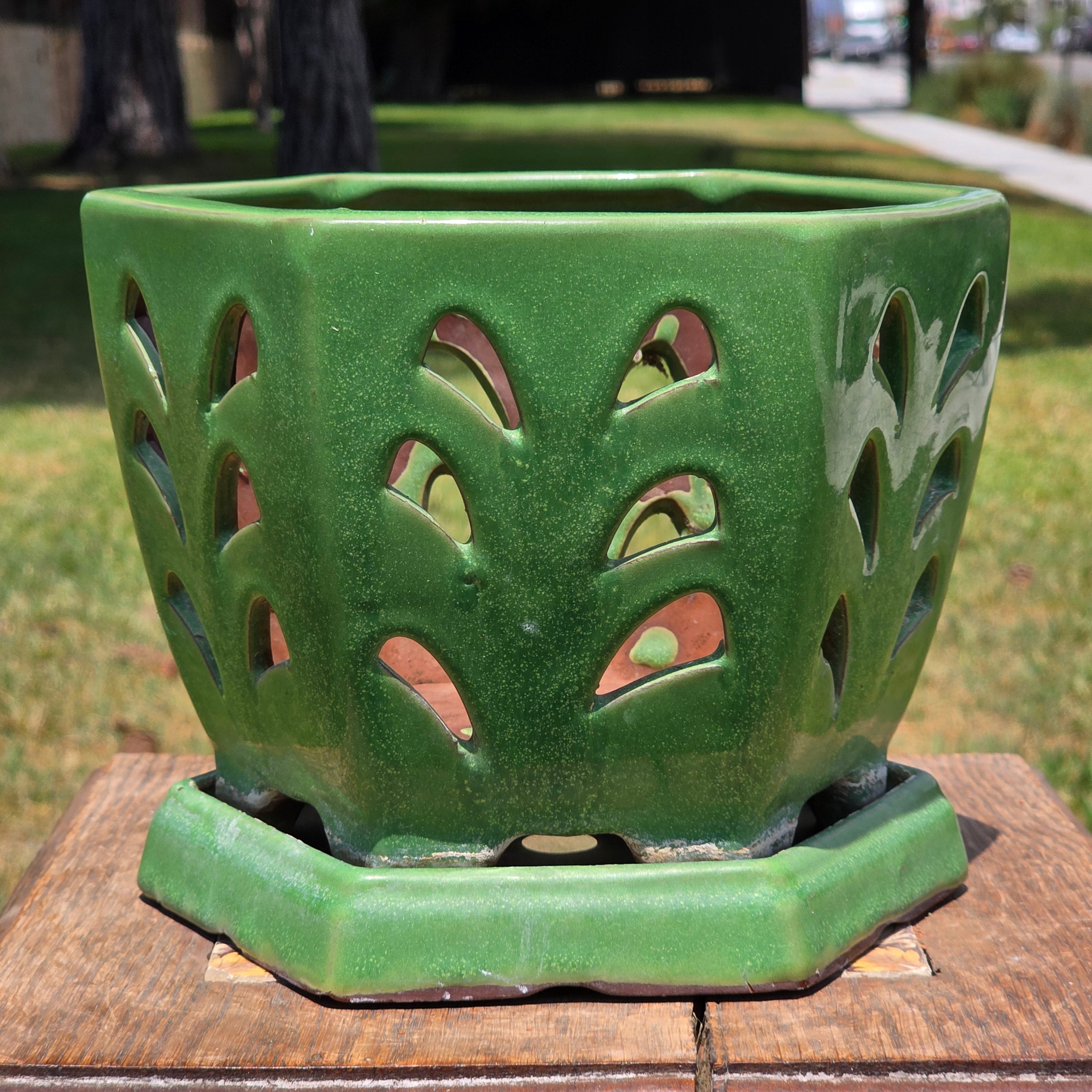 Vintage Orchid Pot Ceramic Planter Hexagon Green Glazed Cutout Attached Saucer 7"