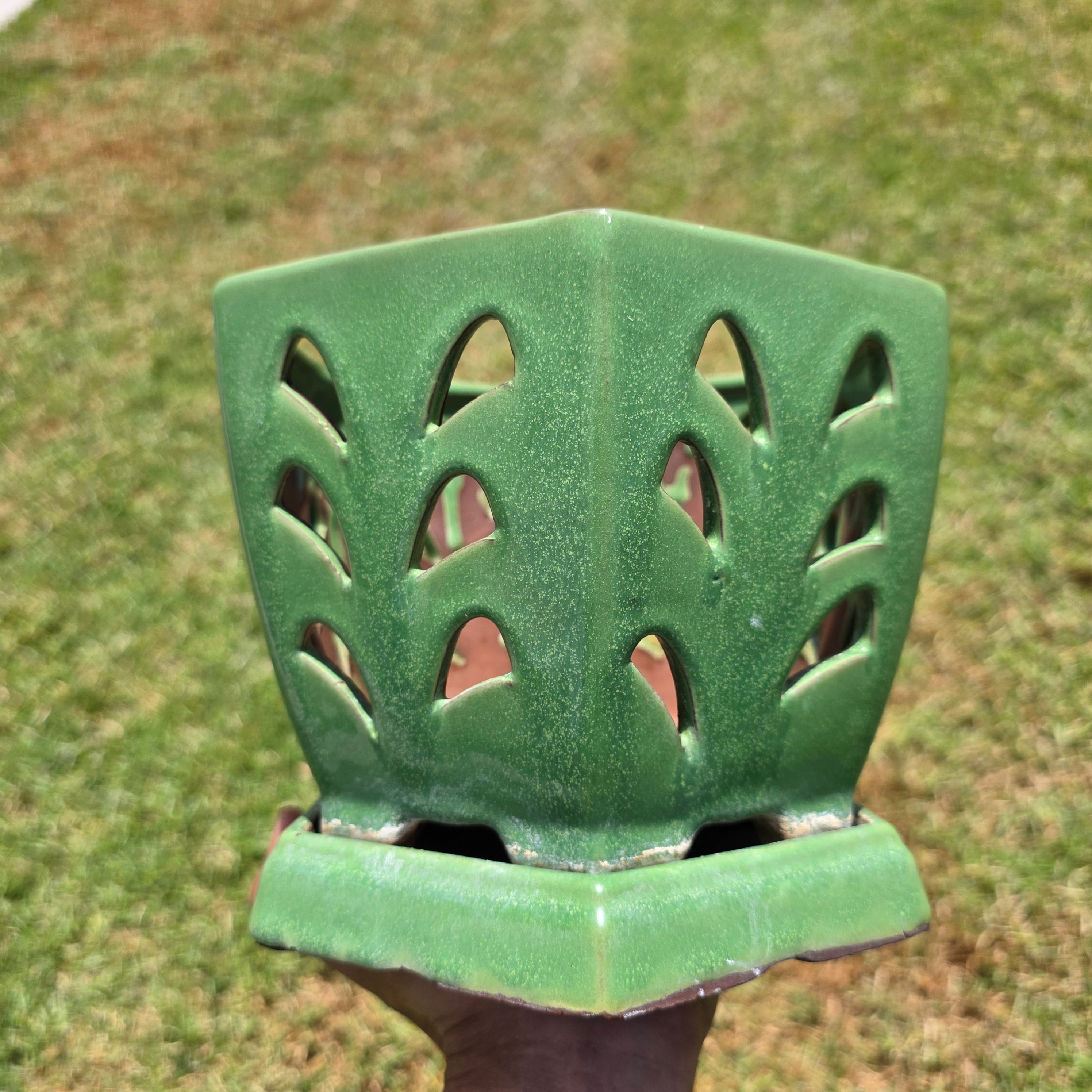 Vintage Orchid Pot Ceramic Planter Hexagon Green Glazed Cutout Attached Saucer 7"
